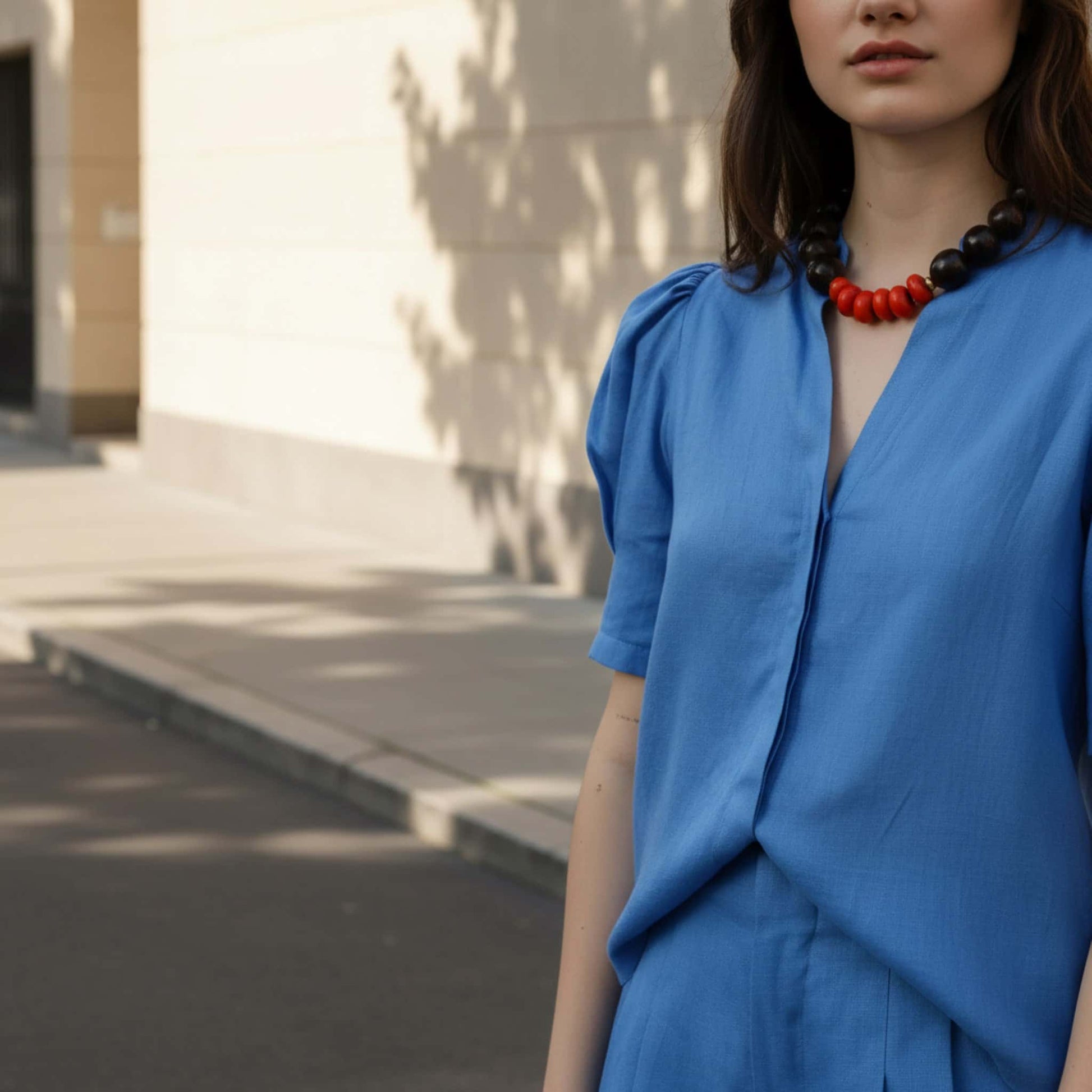 Linen Two Piece Set, Puff Sleeve Shirt And Shorts Set