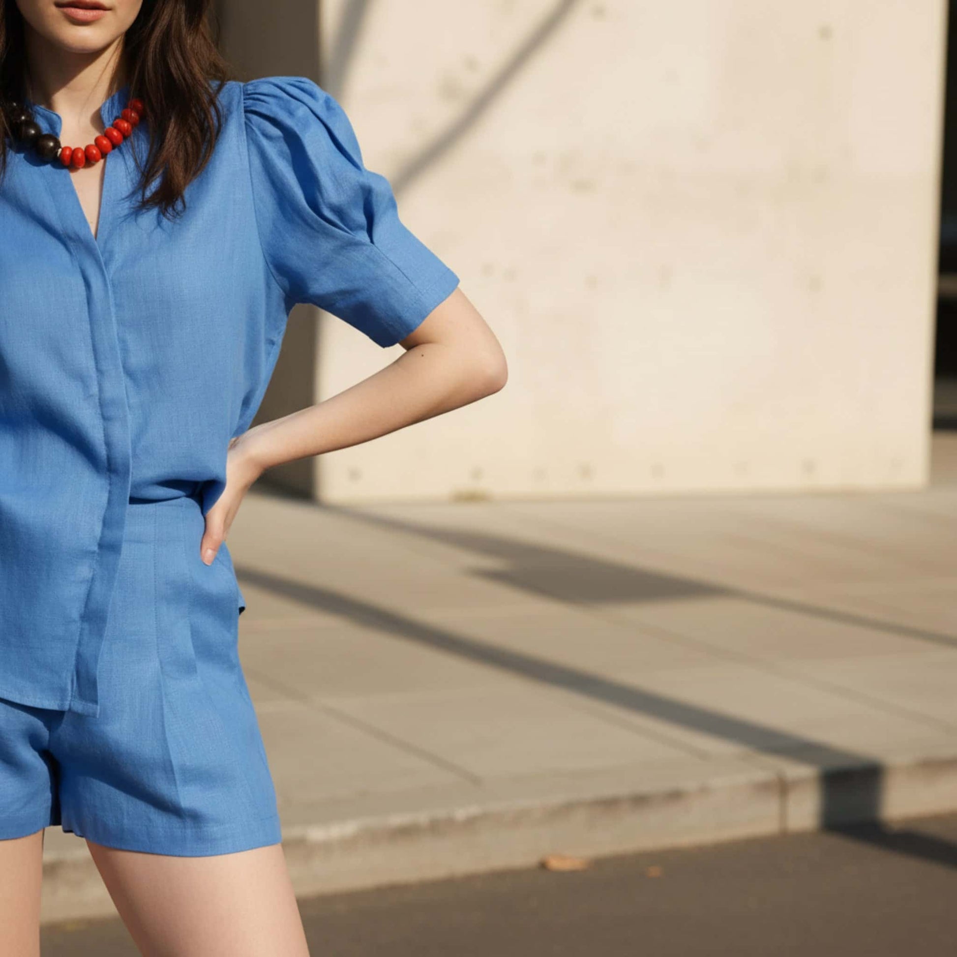 Linen Two Piece Set, Puff Sleeve Shirt And Shorts Set