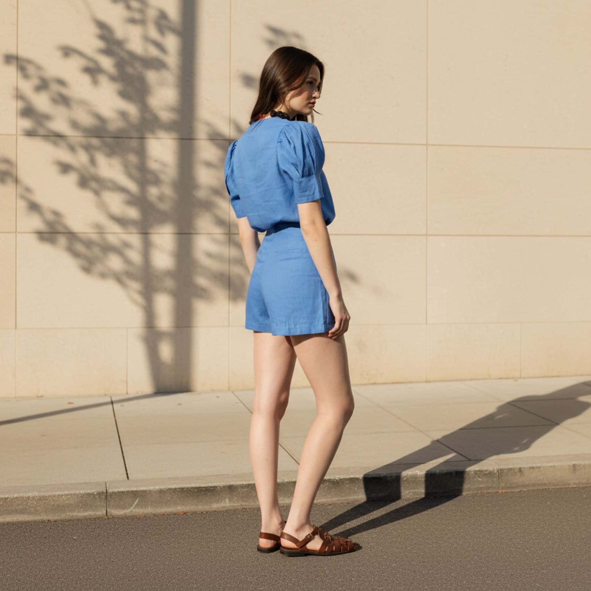 Linen Two Piece Set, Puff Sleeve Shirt And Shorts Set