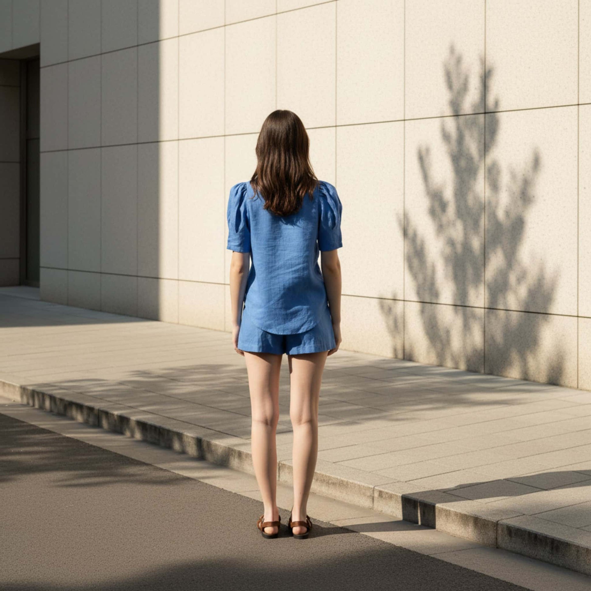 Linen Two Piece Set, Puff Sleeve Shirt And Shorts Set