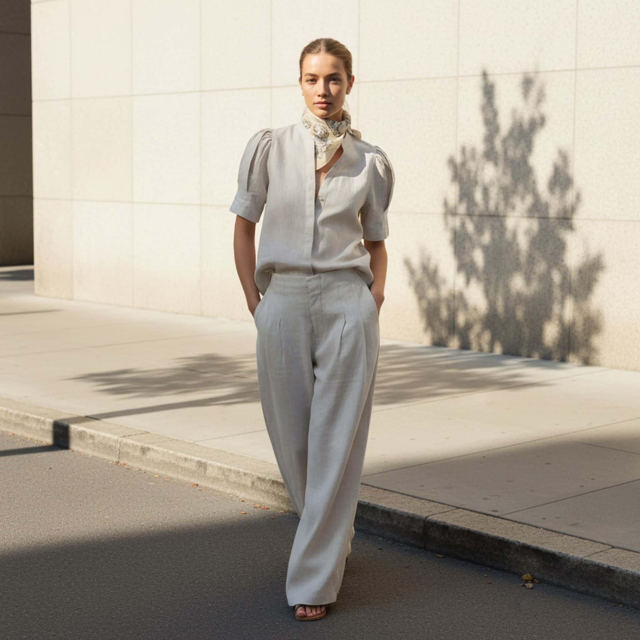 Linen Two Piece Set, Puff Sleeve Shirt And Wide Leg Pant Set