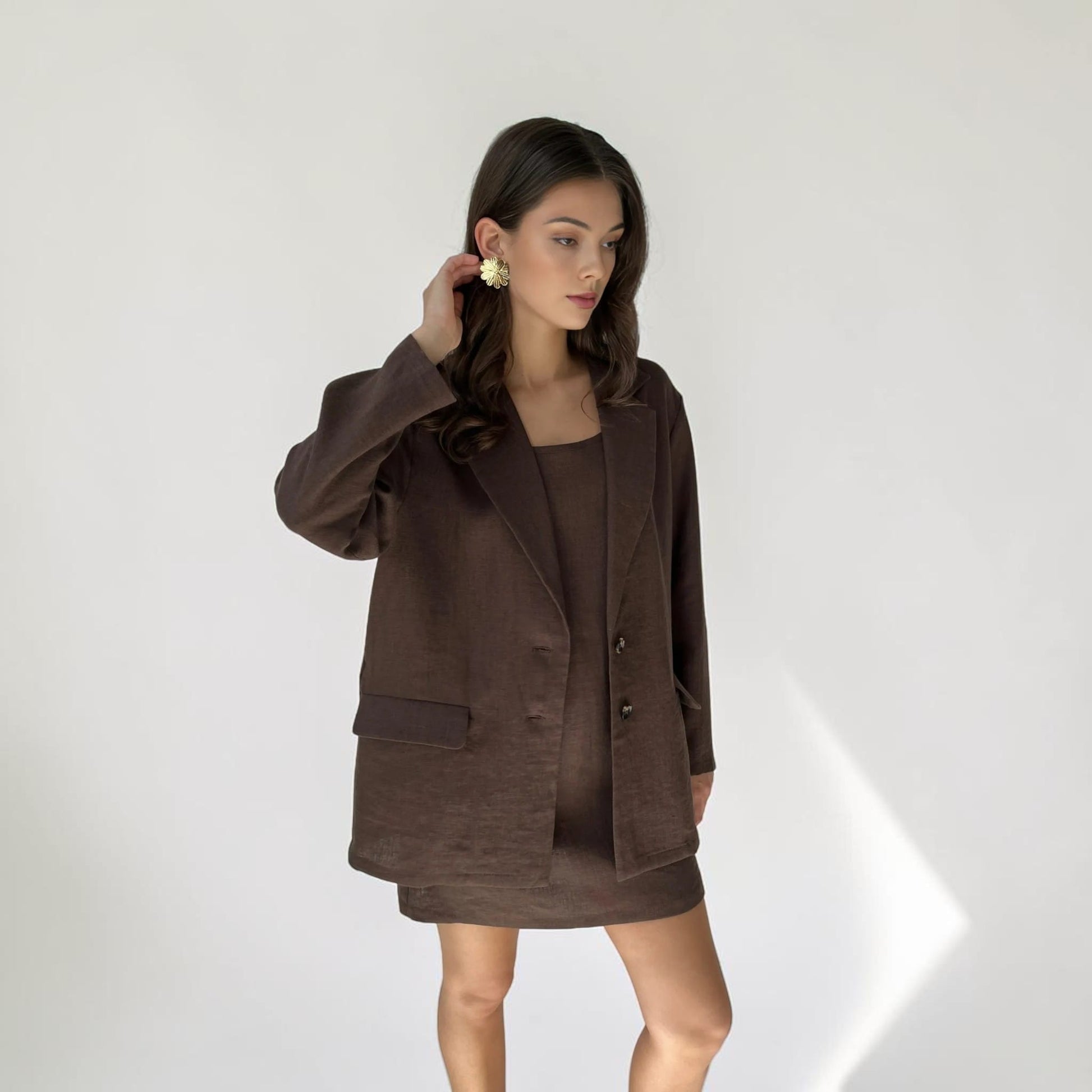 Linen Two Piece Set, Single-Breasted Blazer And Wide Leg Pants