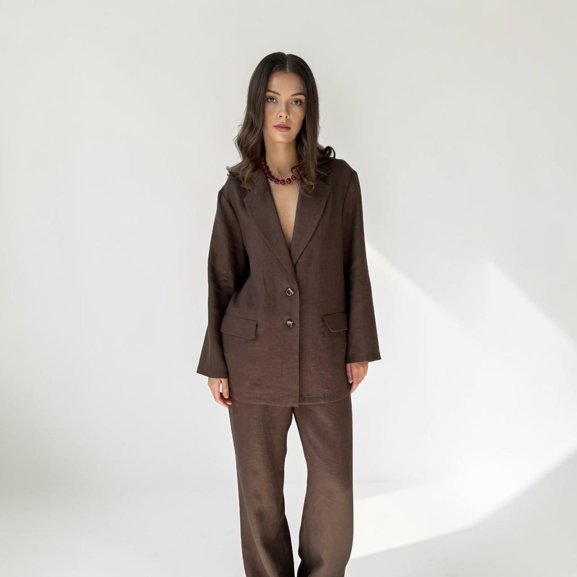 Linen Two Piece Set, Single-Breasted Blazer And Wide Leg Pants