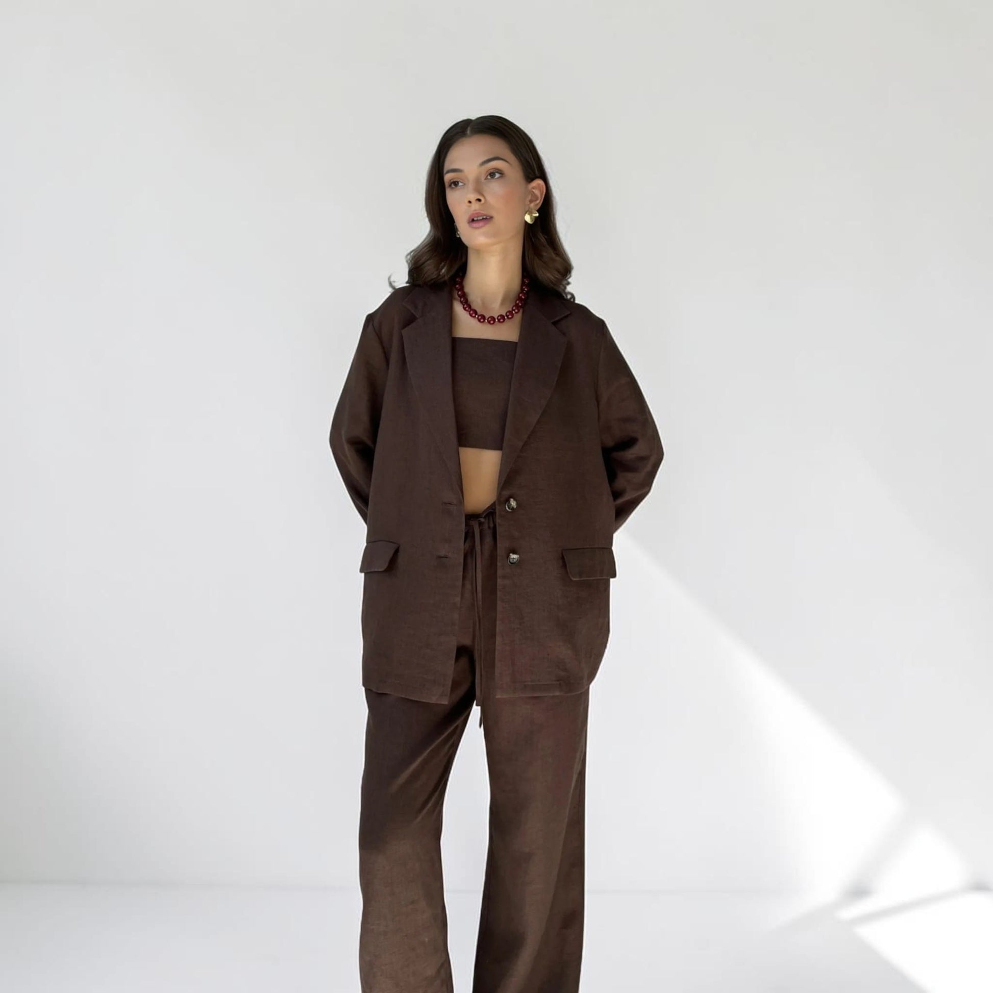 Linen Two Piece Set, Single-Breasted Blazer And Wide Leg Pants