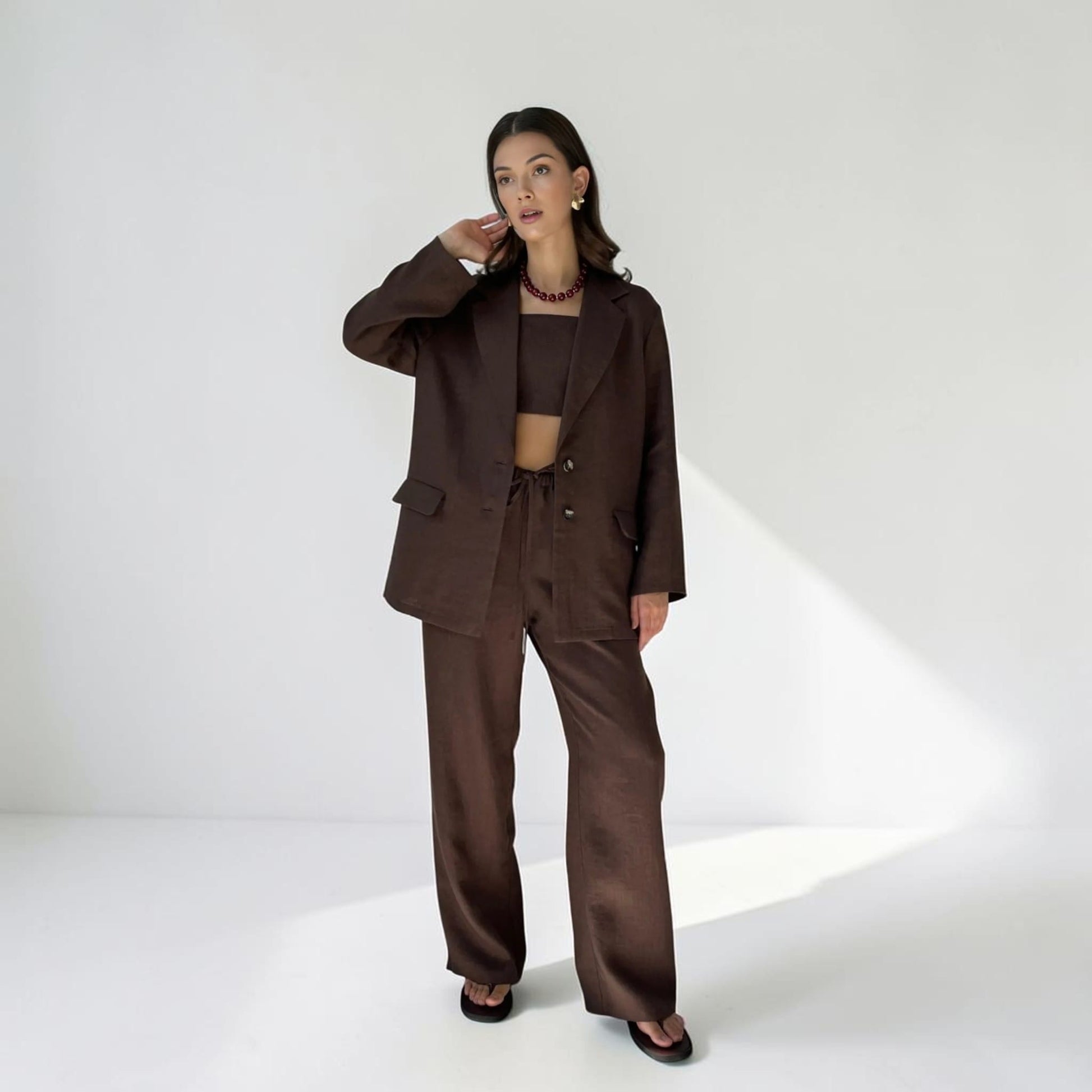 Linen Two Piece Set, Single-Breasted Blazer And Wide Leg Pants