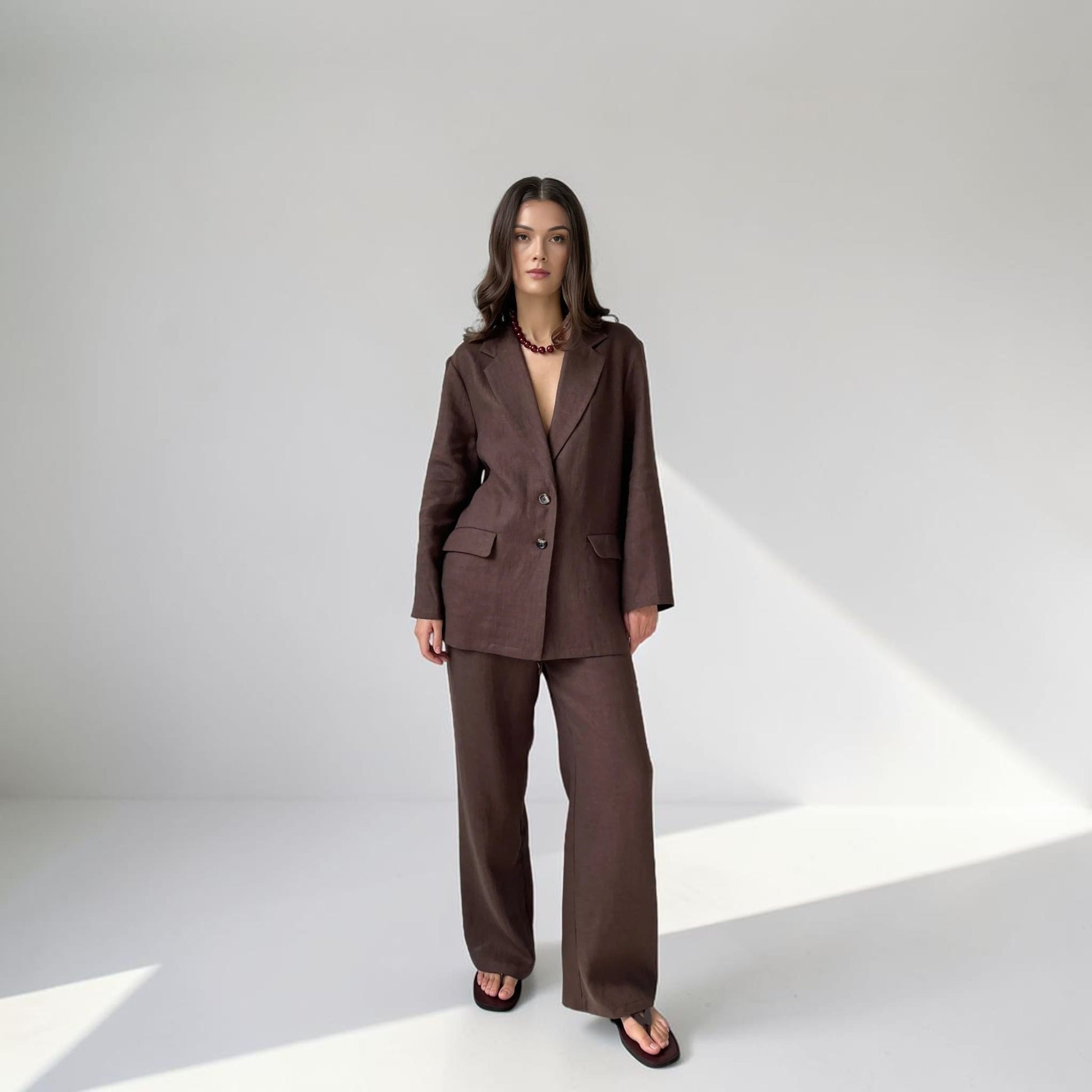 Linen Two Piece Set, Single-Breasted Blazer And Wide Leg Pants