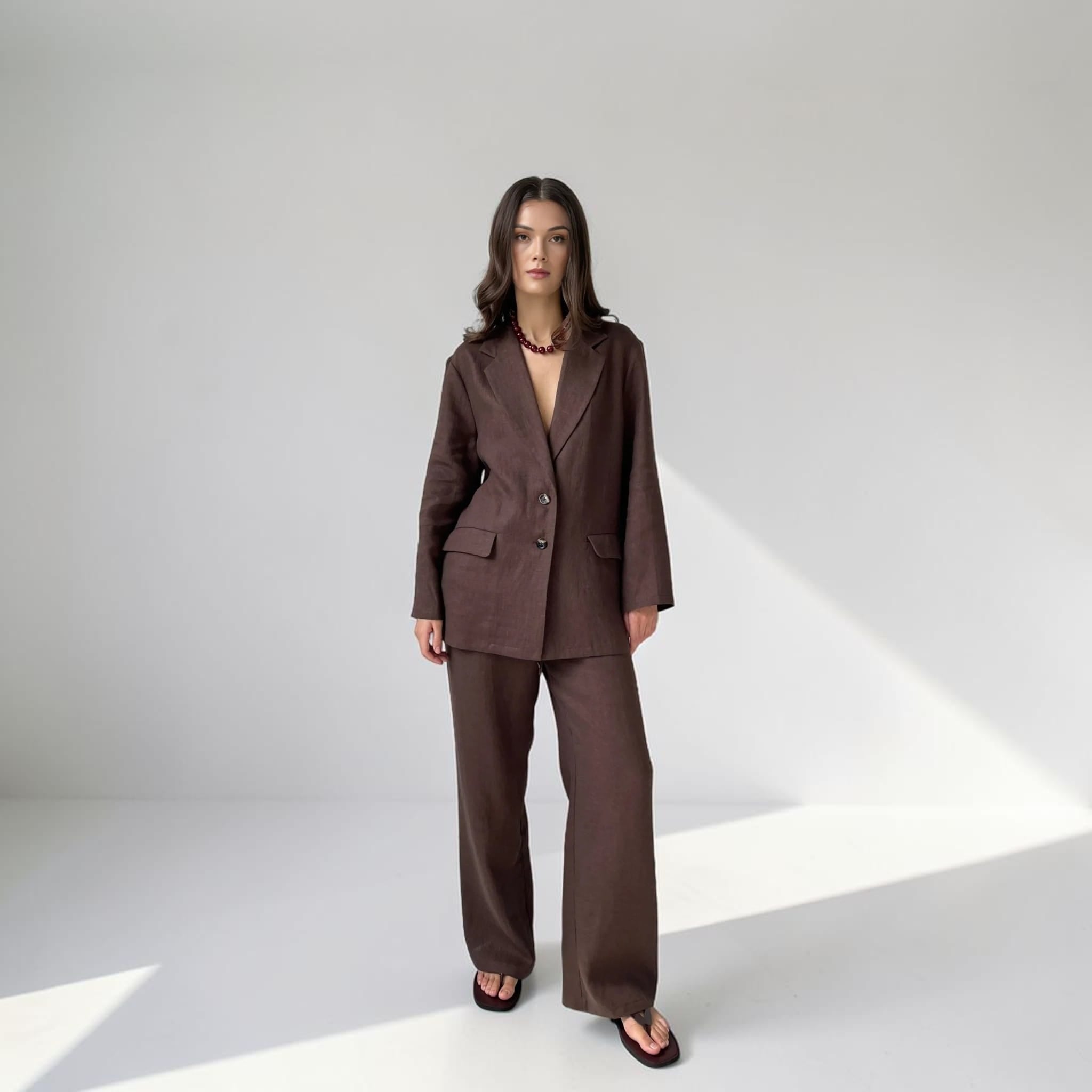 Linen Two Piece Set, Single-Breasted Blazer And Wide Leg Pants
