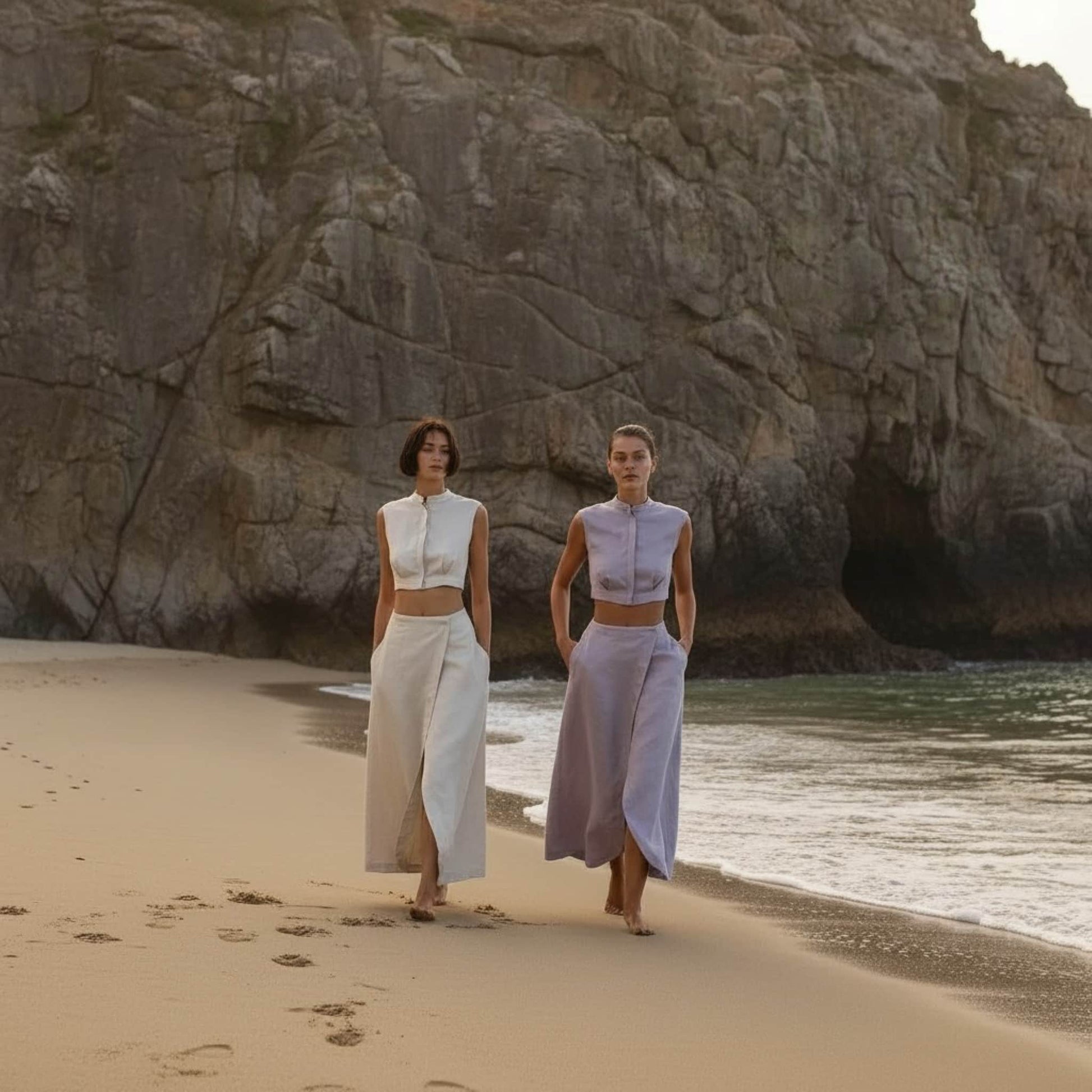 Linen Two Piece Set, Sleeveless Linen Crop Top And Slit Maxi Skirt Set