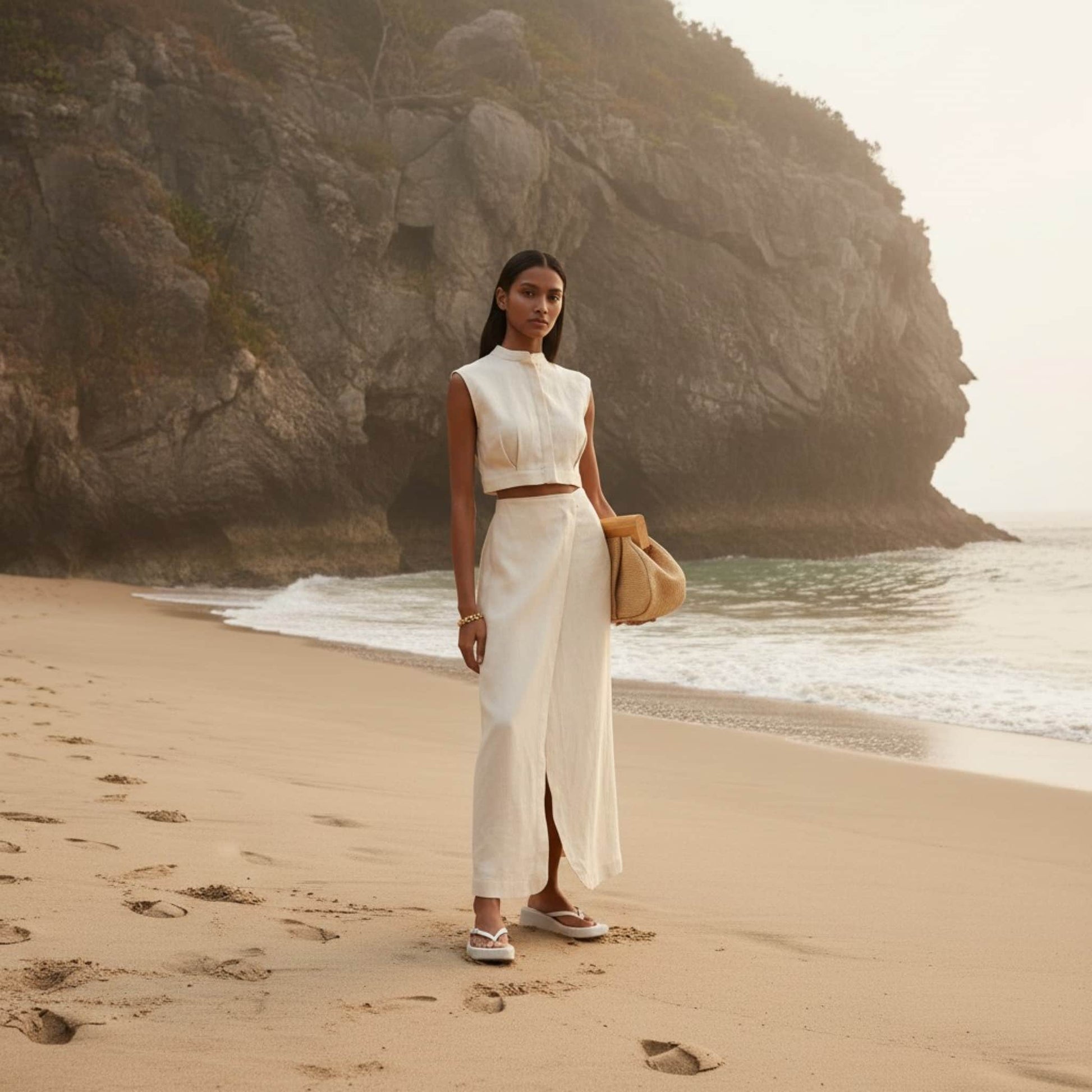 Linen Two Piece Set, Sleeveless Linen Crop Top And Slit Maxi Skirt Set