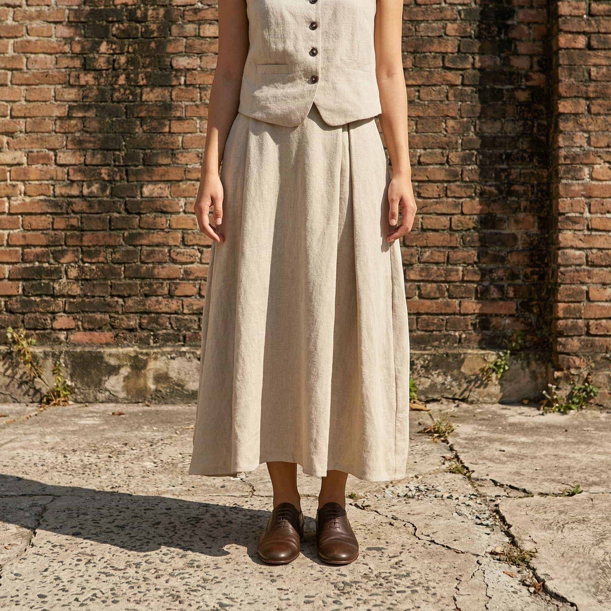 Linen Skirt Set, Sleeveless Linen Vest And Midi Skirt
