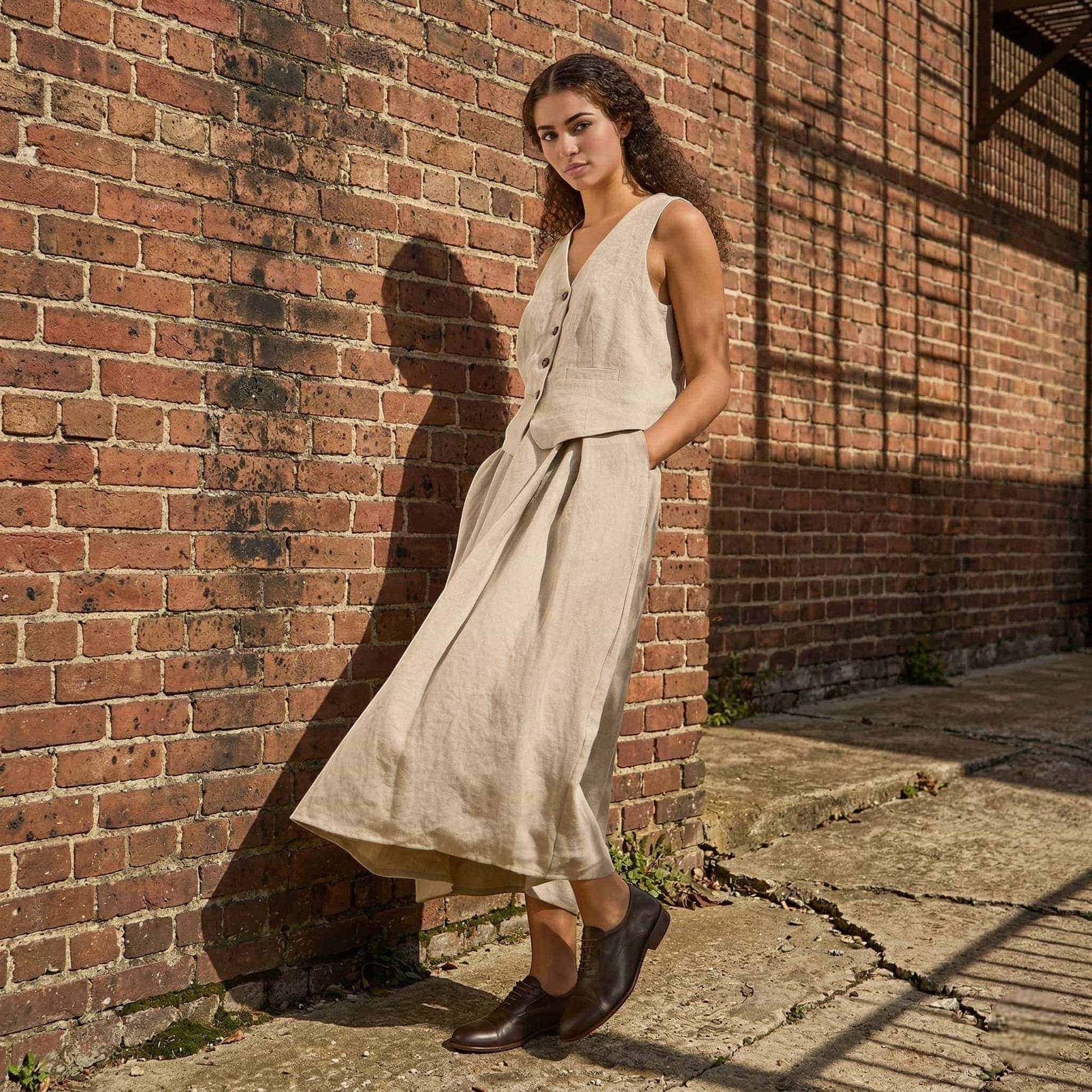 Linen Skirt Set, Sleeveless Linen Vest And Midi Skirt
