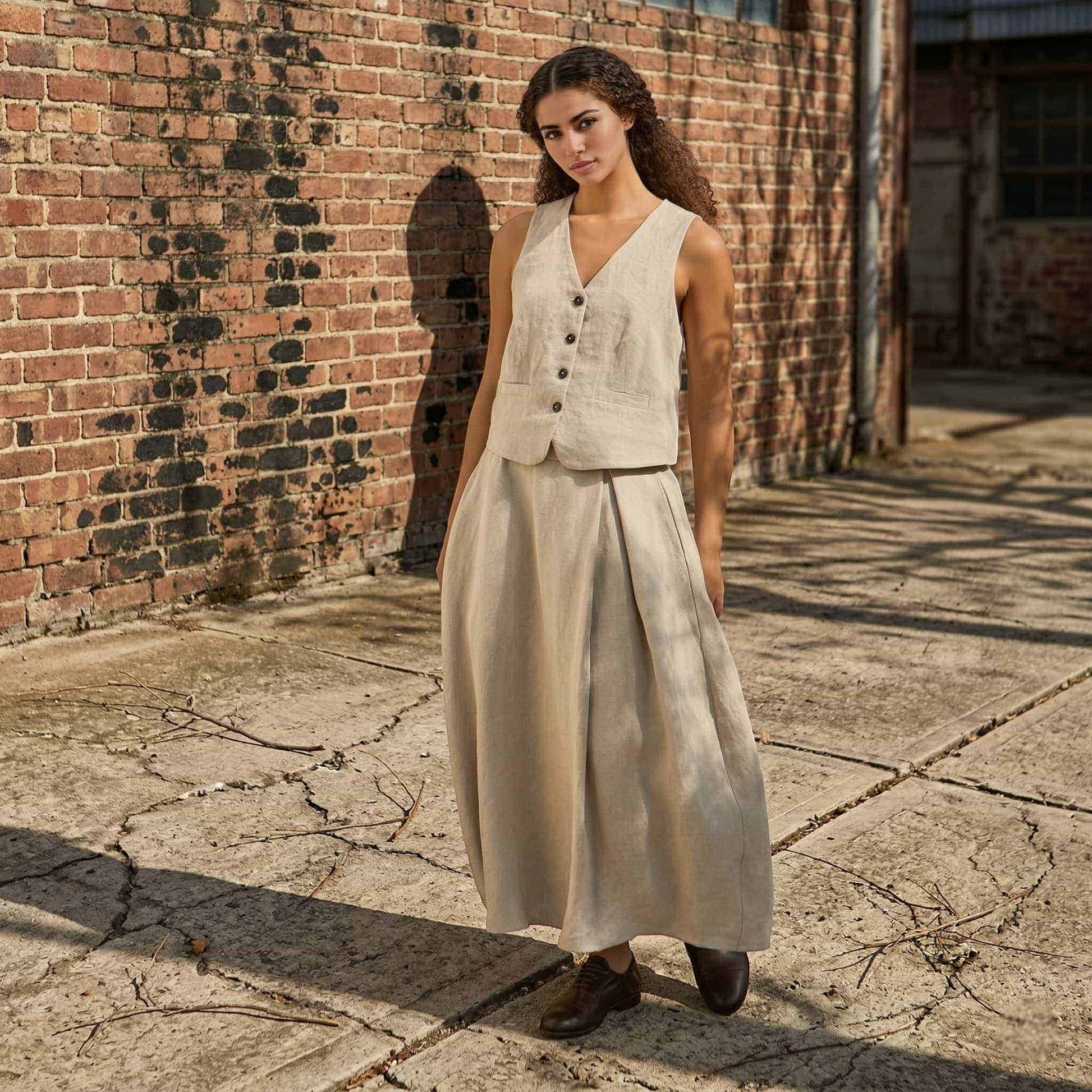Linen Skirt Set, Sleeveless Linen Vest And Midi Skirt
