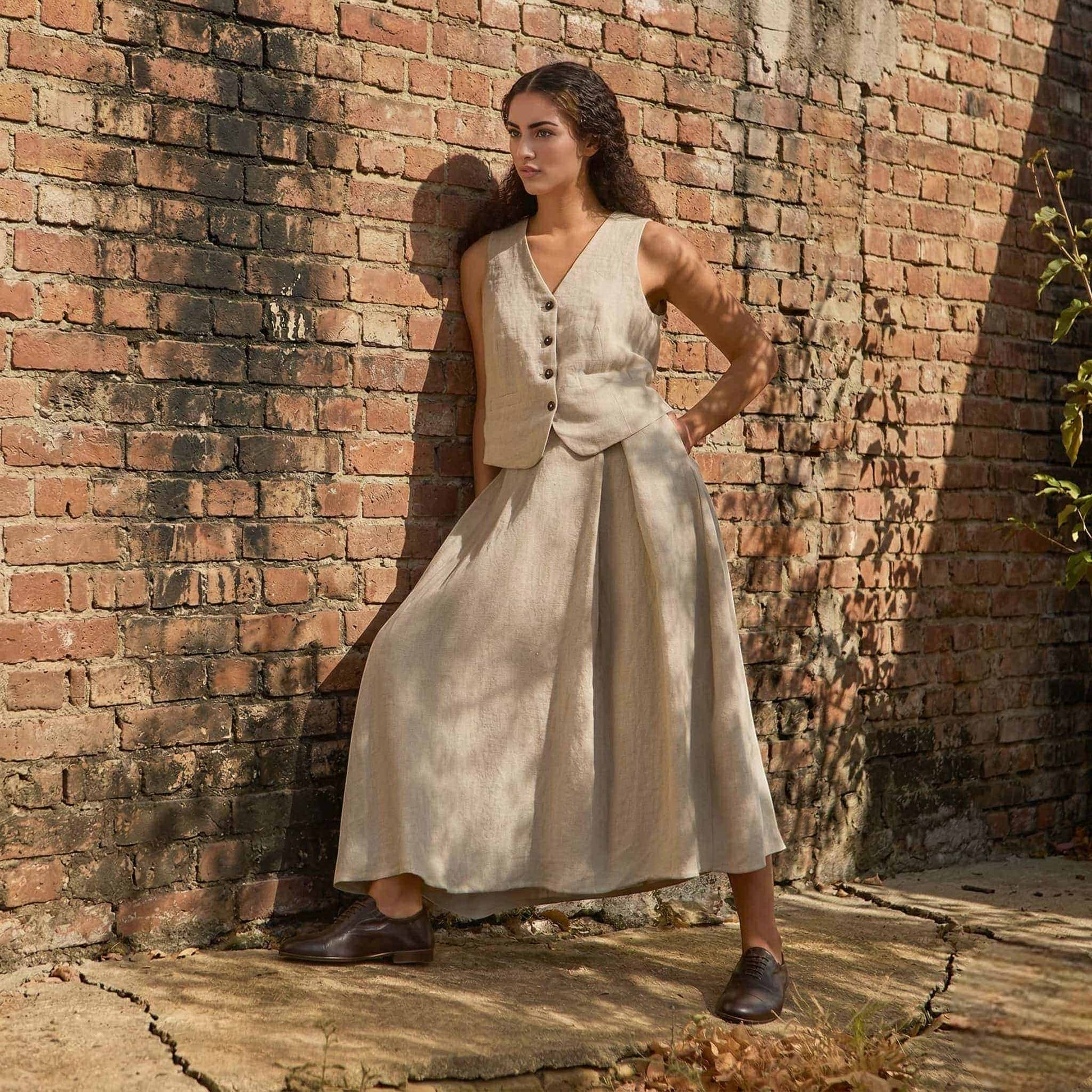 Linen Skirt Set, Sleeveless Linen Vest And Midi Skirt
