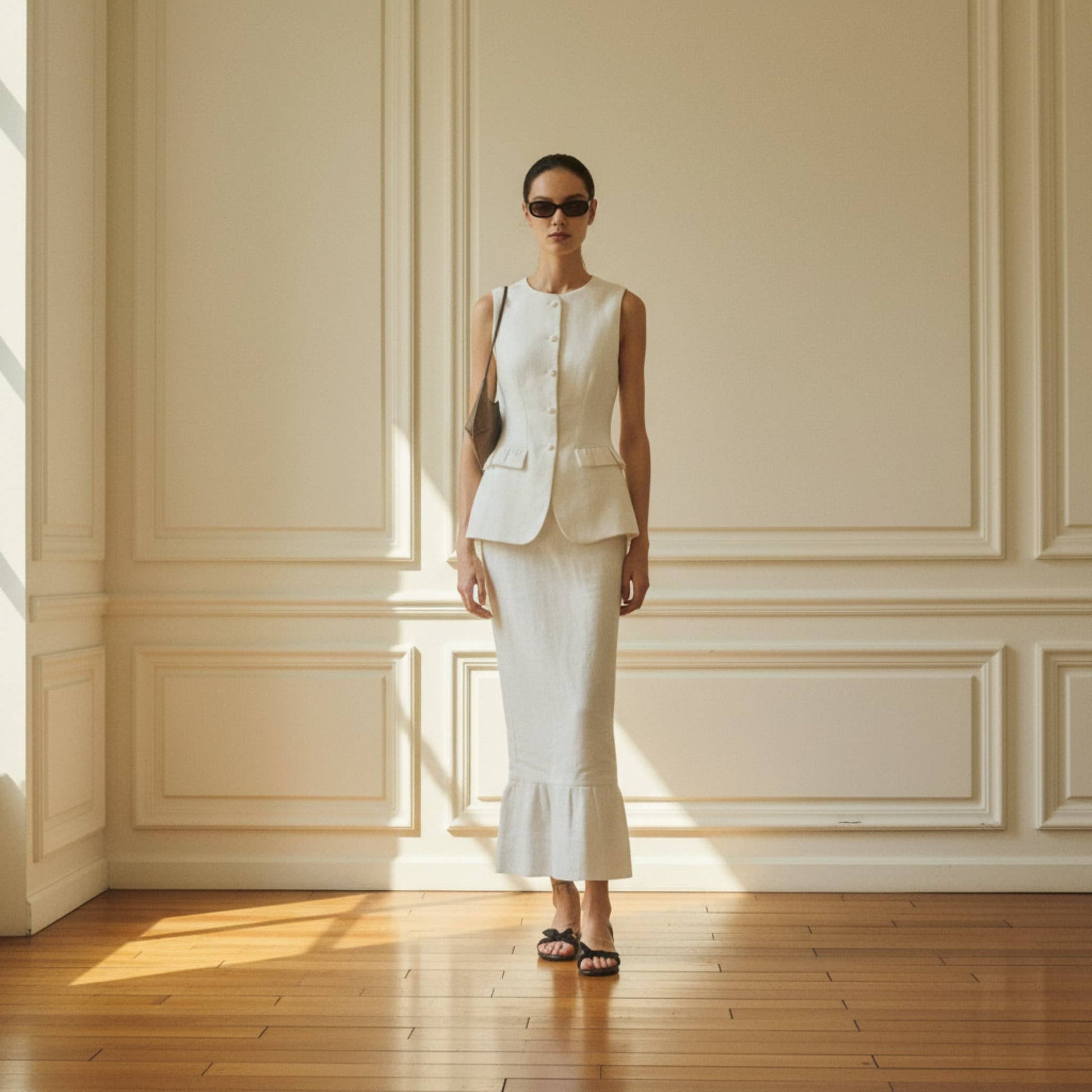 Linen Two Piece Set, Sleeveless Linen Vest And Pencil Skirt Set