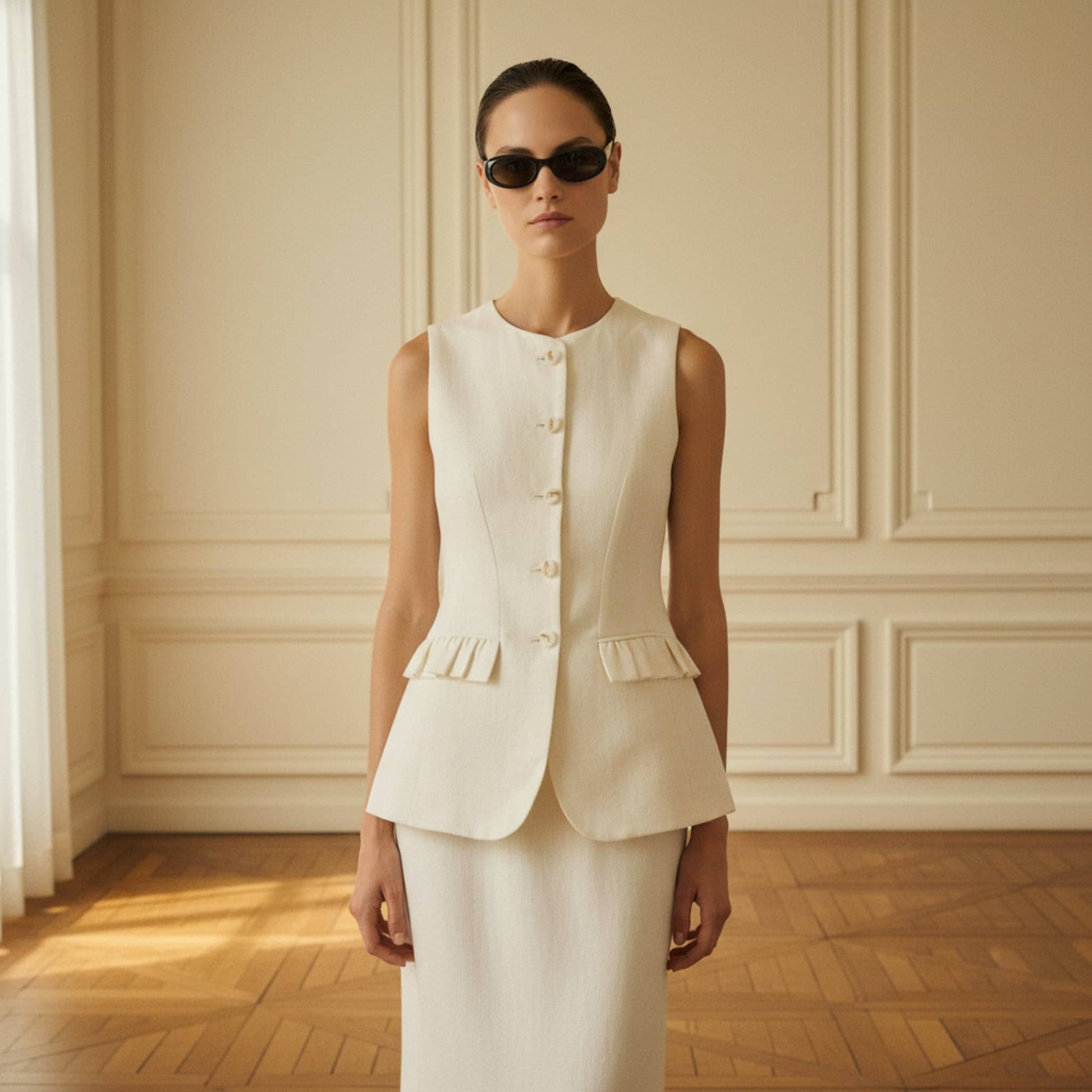 Linen Two Piece Set, Sleeveless Linen Vest And Pencil Skirt Set