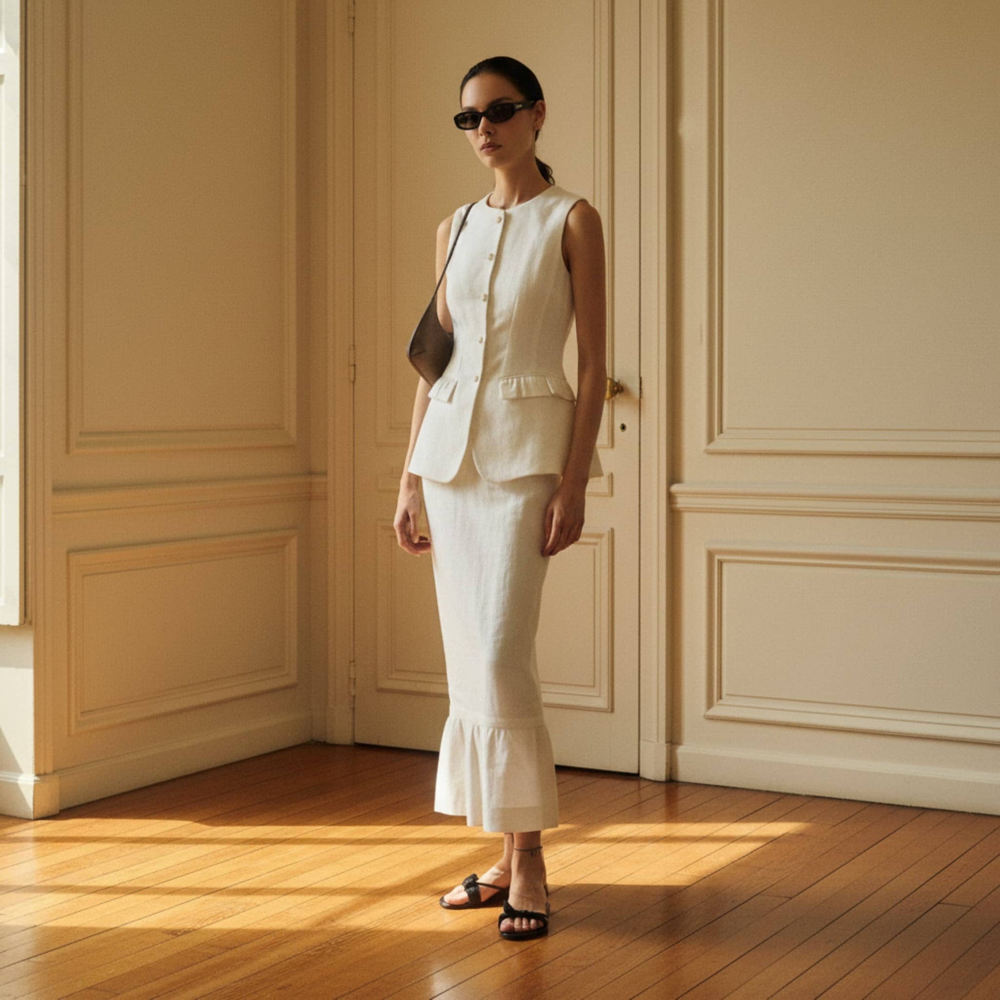 Linen Two Piece Set, Sleeveless Linen Vest And Pencil Skirt Set