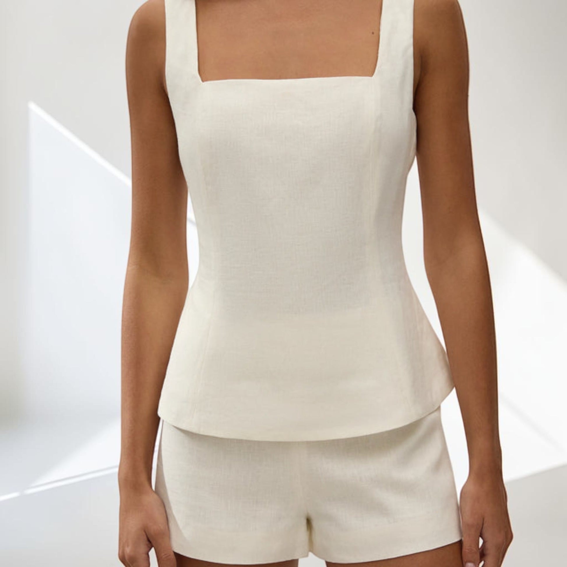 Linen Two Piece Set, Sleeveless Peplum Top And Cropped Flare Pants