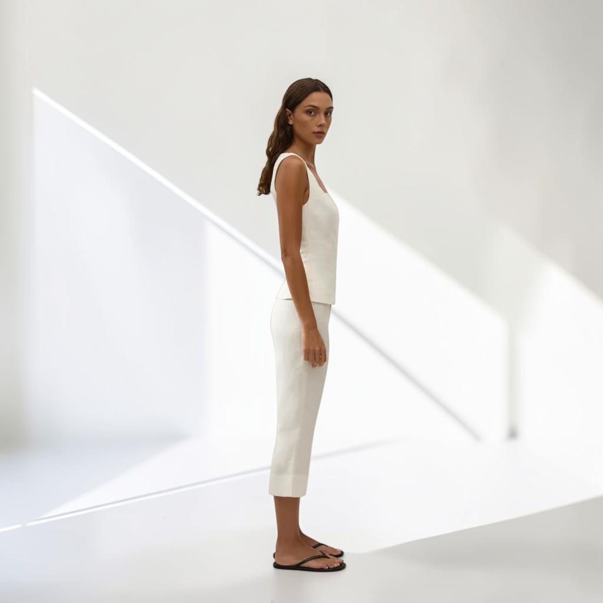 Linen Two Piece Set, Sleeveless Peplum Top And Cropped Flare Pants
