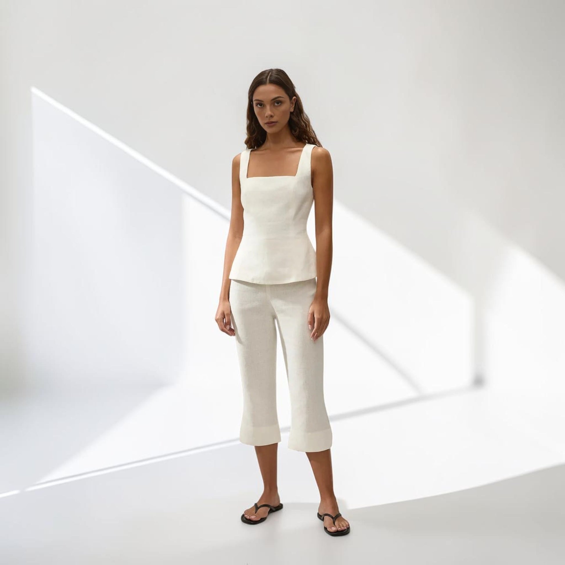 Linen Two Piece Set, Sleeveless Peplum Top And Cropped Flare Pants