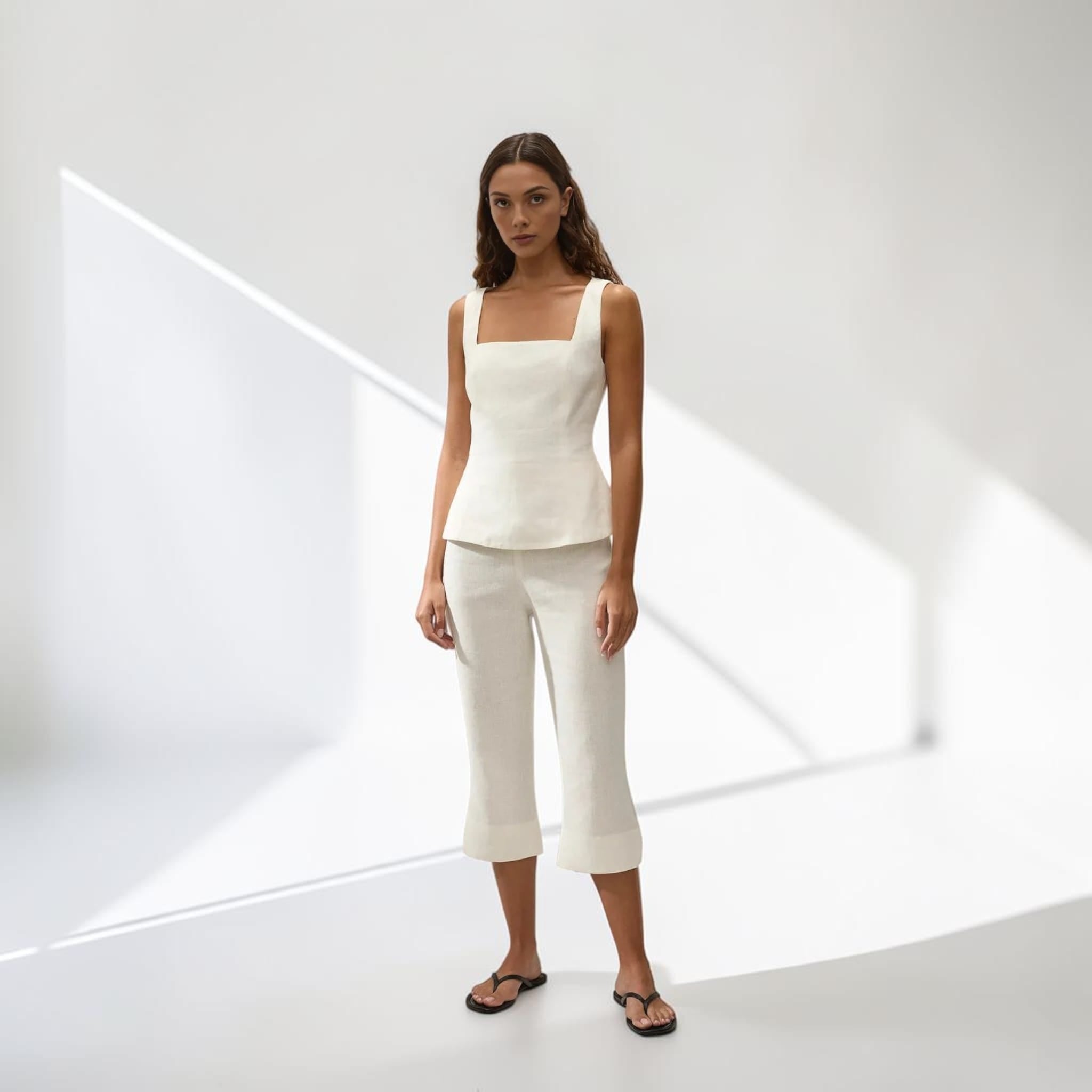 Linen Two Piece Set, Sleeveless Peplum Top And Cropped Flare Pants