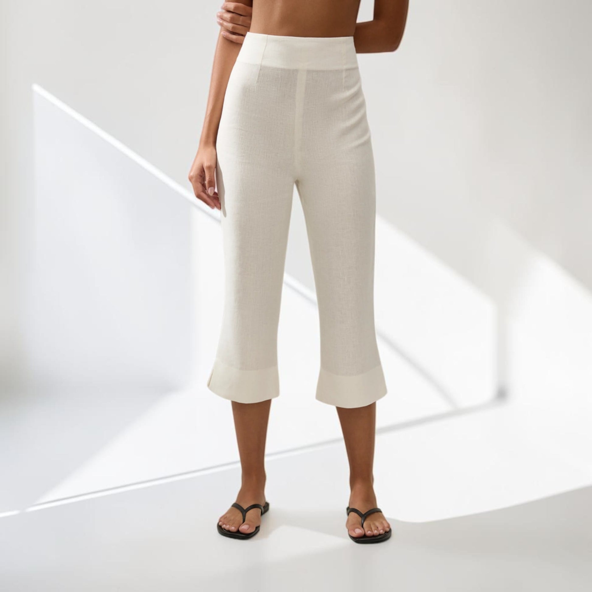 Linen Two Piece Set, Sleeveless Peplum Top And Cropped Flare Pants