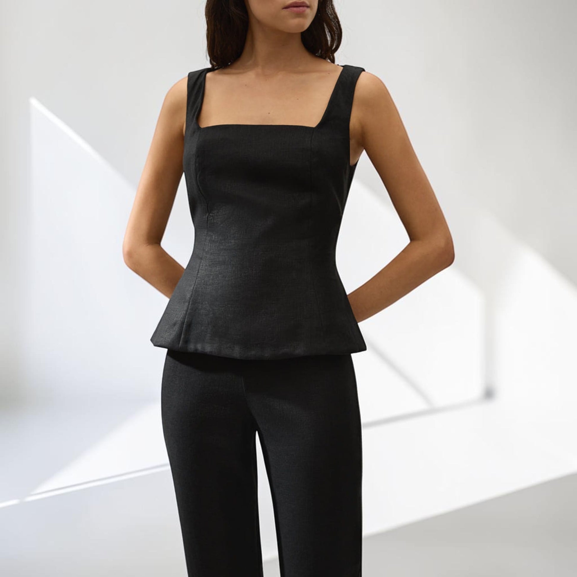 Linen Two Piece Set, Sleeveless Peplum Top And Cropped Flare Pants