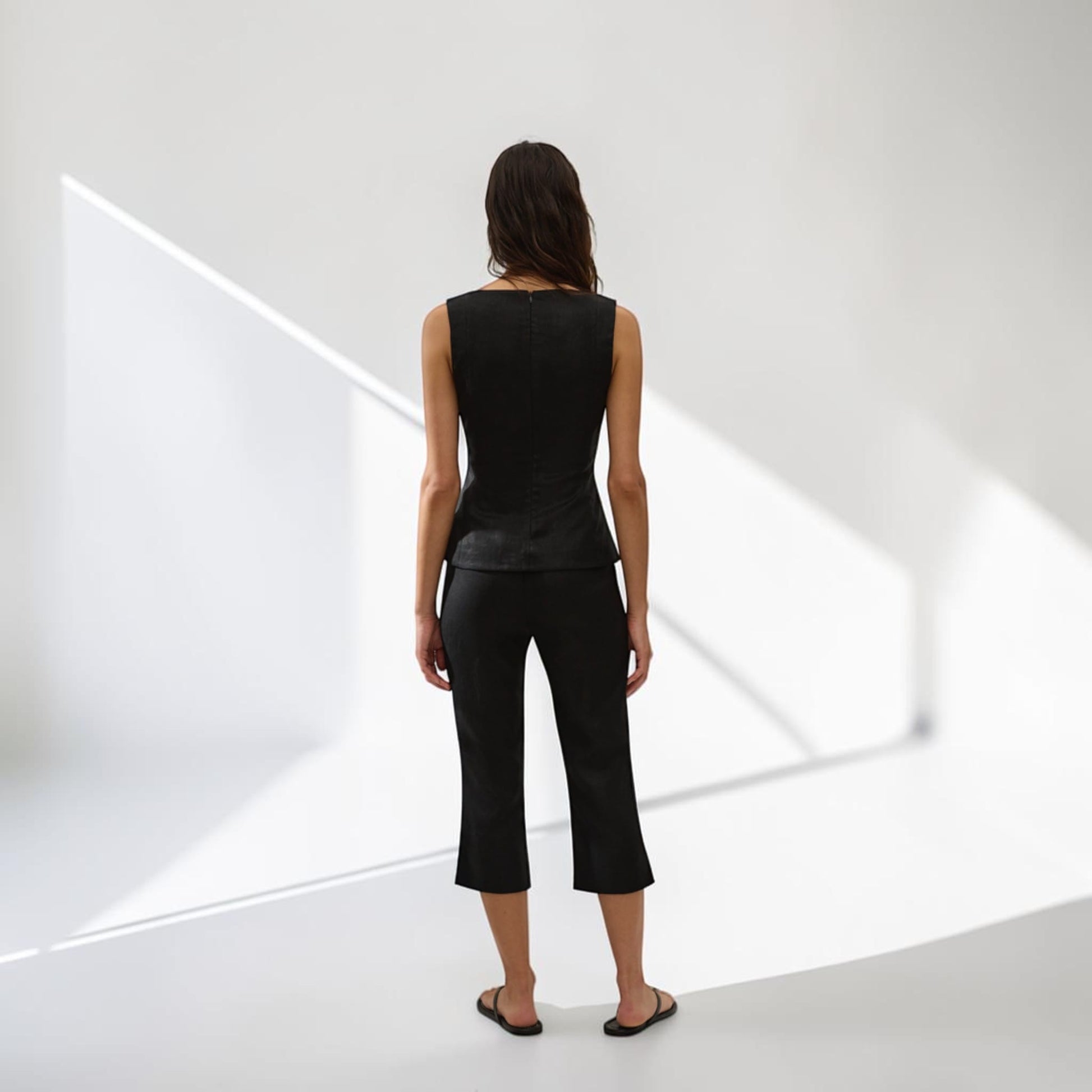 Linen Two Piece Set, Sleeveless Peplum Top And Cropped Flare Pants