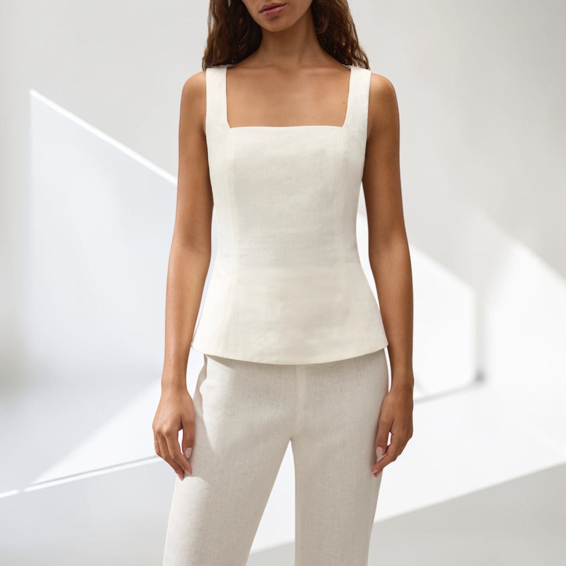 Linen Two Piece Set, Sleeveless Peplum Top And Cropped Flare Pants