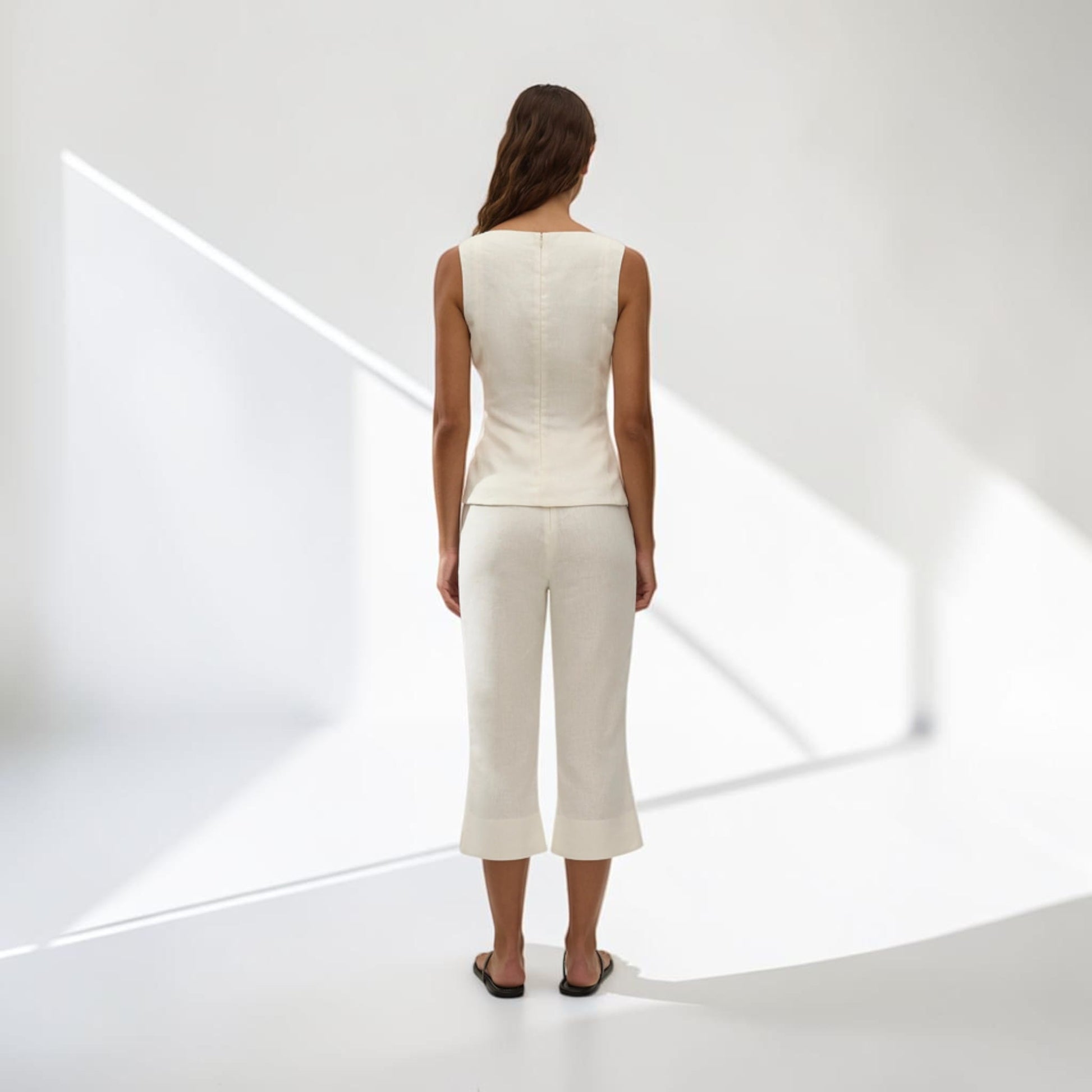 Linen Two Piece Set, Sleeveless Peplum Top And Cropped Flare Pants