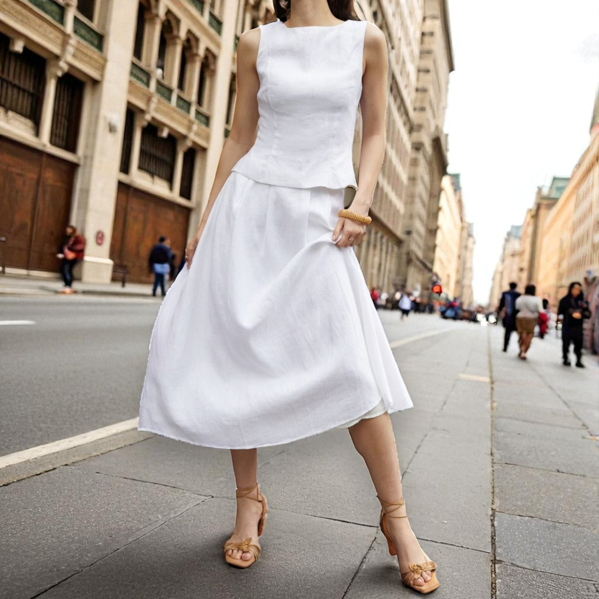 Linen Two Piece Set, Sleeveless Top And Midi Skirt Set