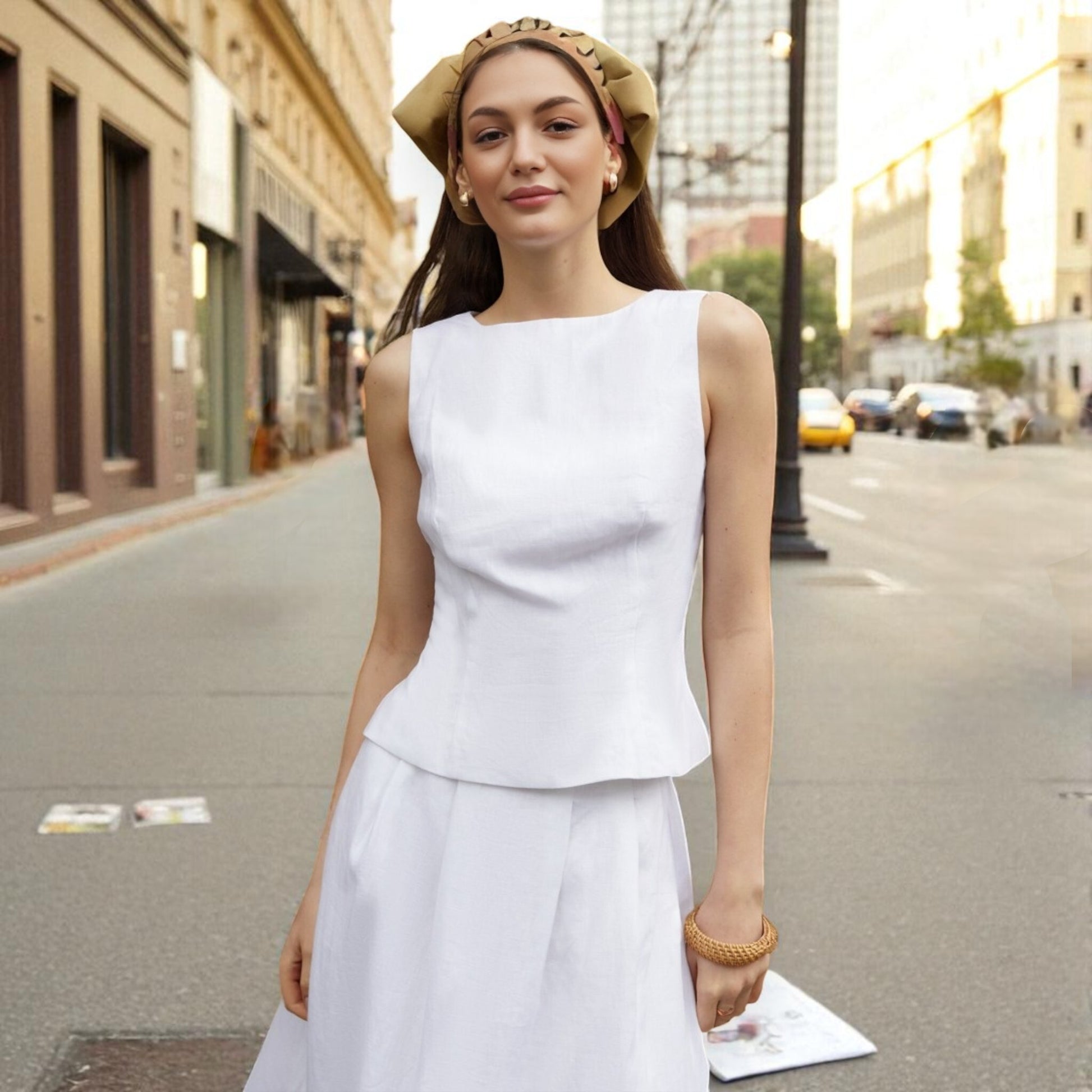 Linen Two Piece Set, Sleeveless Top And Midi Skirt Set