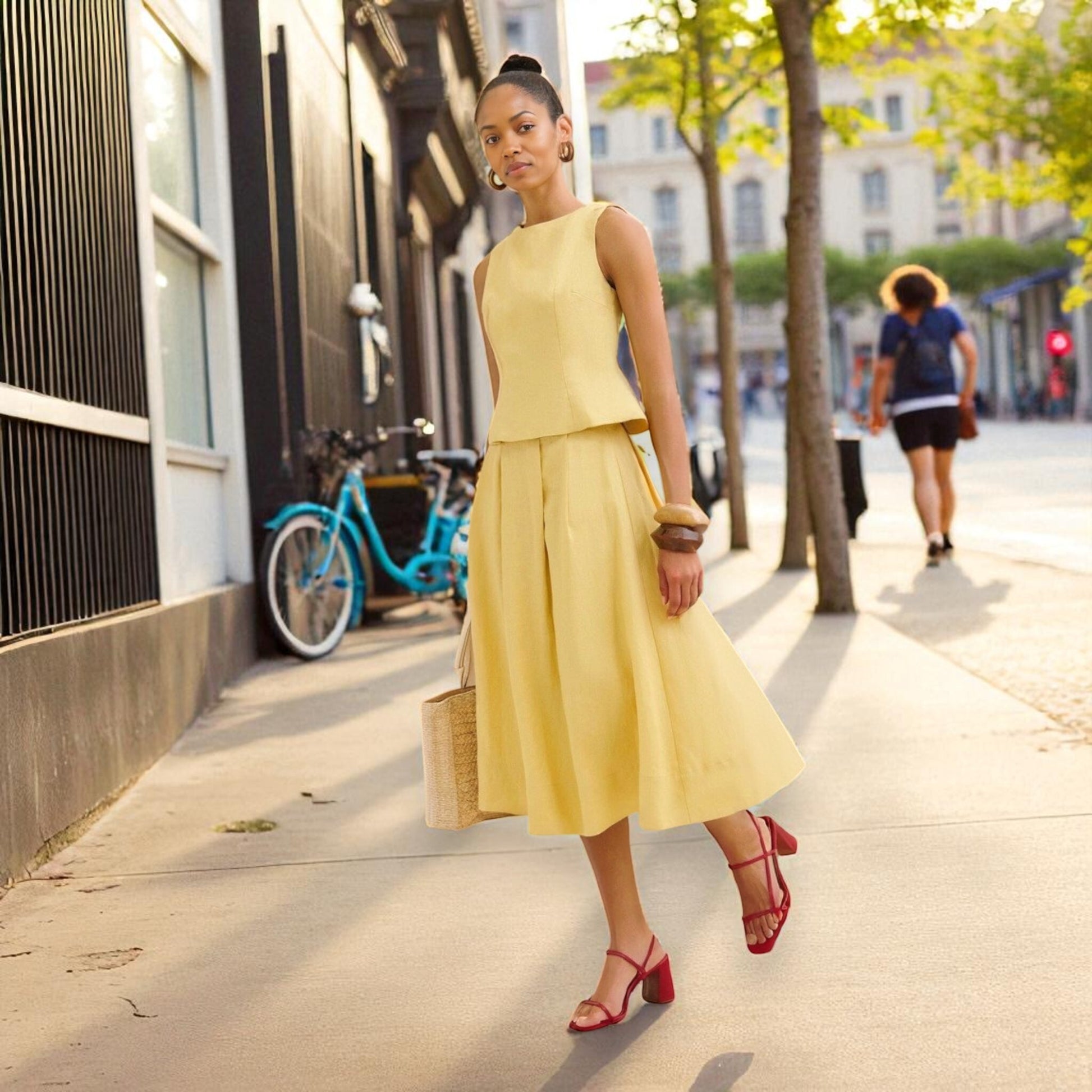 Linen Two Piece Set, Sleeveless Top And Midi Skirt Set