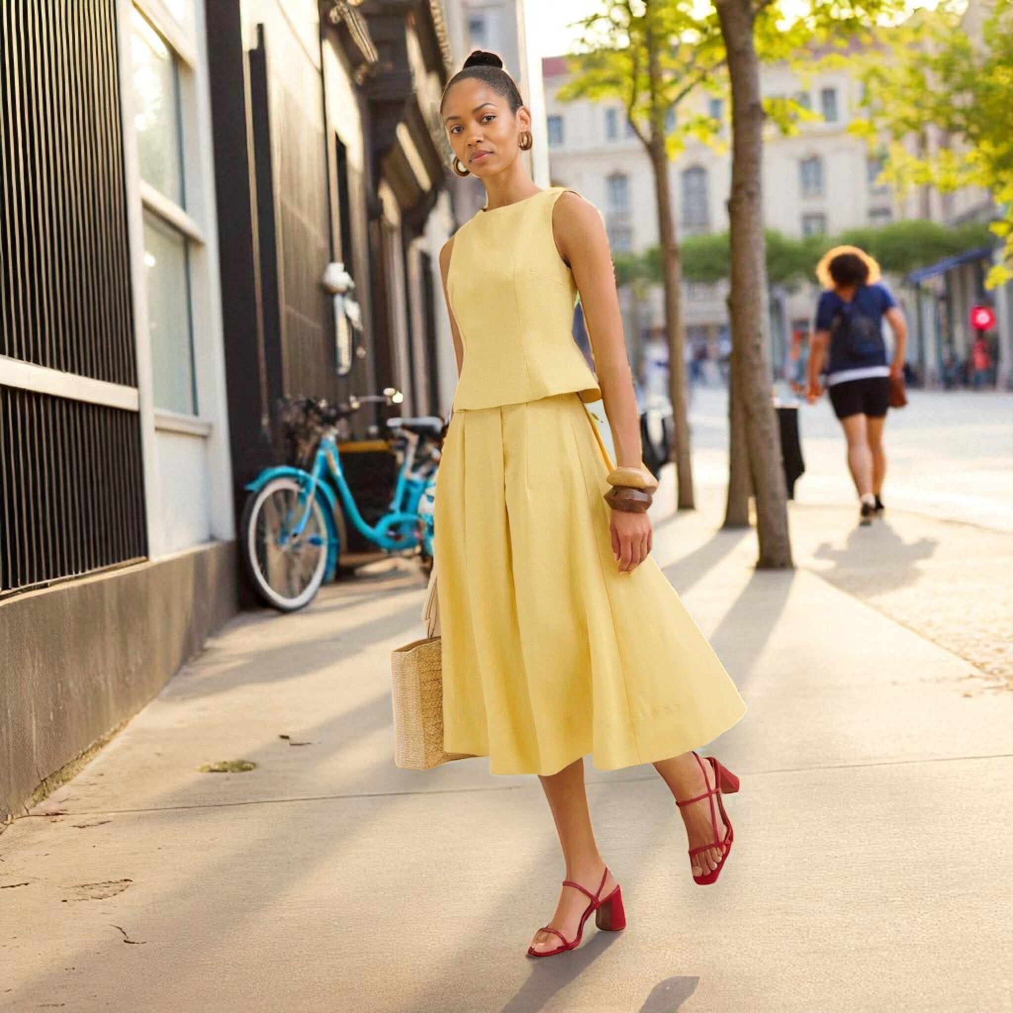 Linen Two Piece Set, Sleeveless Top And Midi Skirt Set
