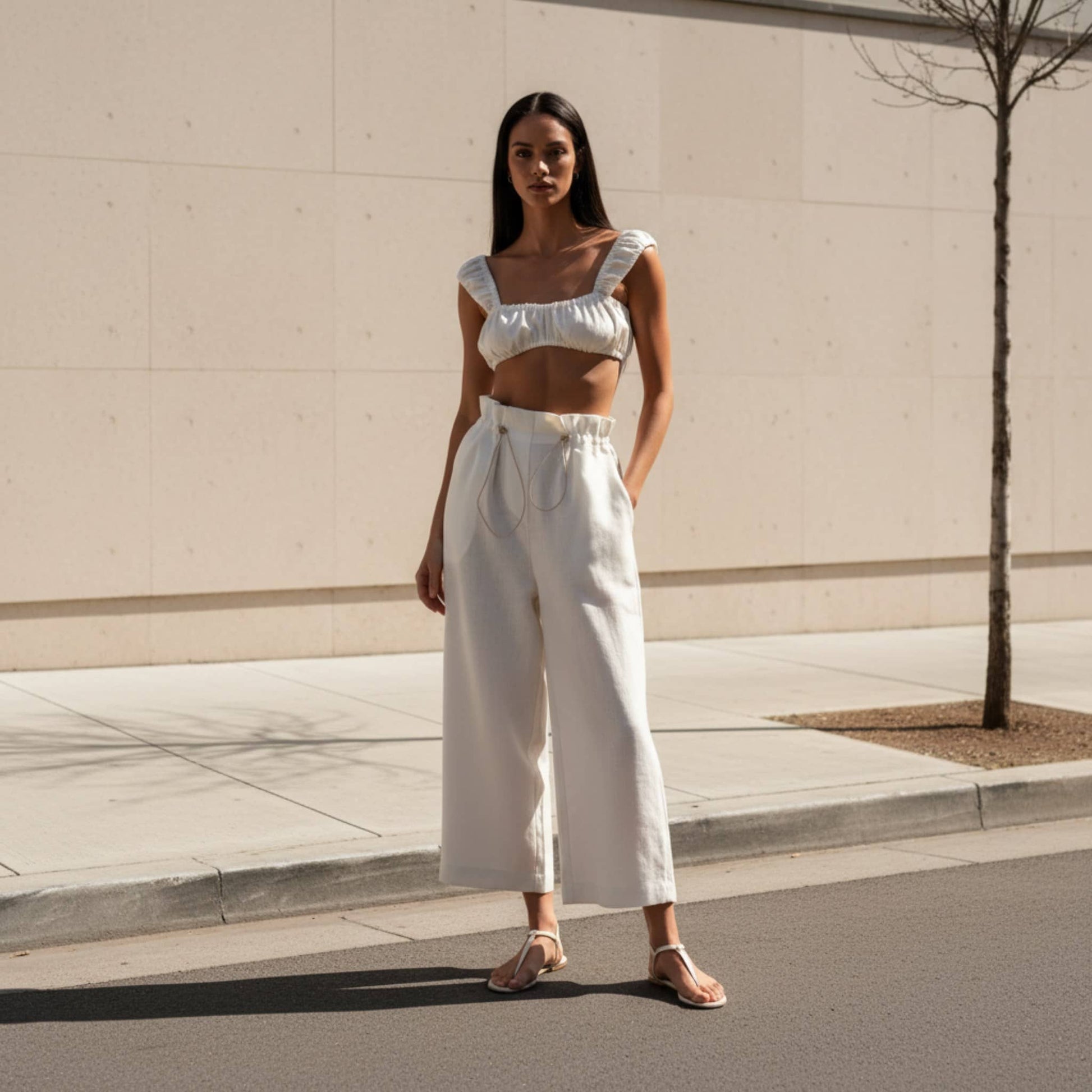 Linen Two Piece Set, Square Neck Linen Crop Top And Wide Leg Pants Set
