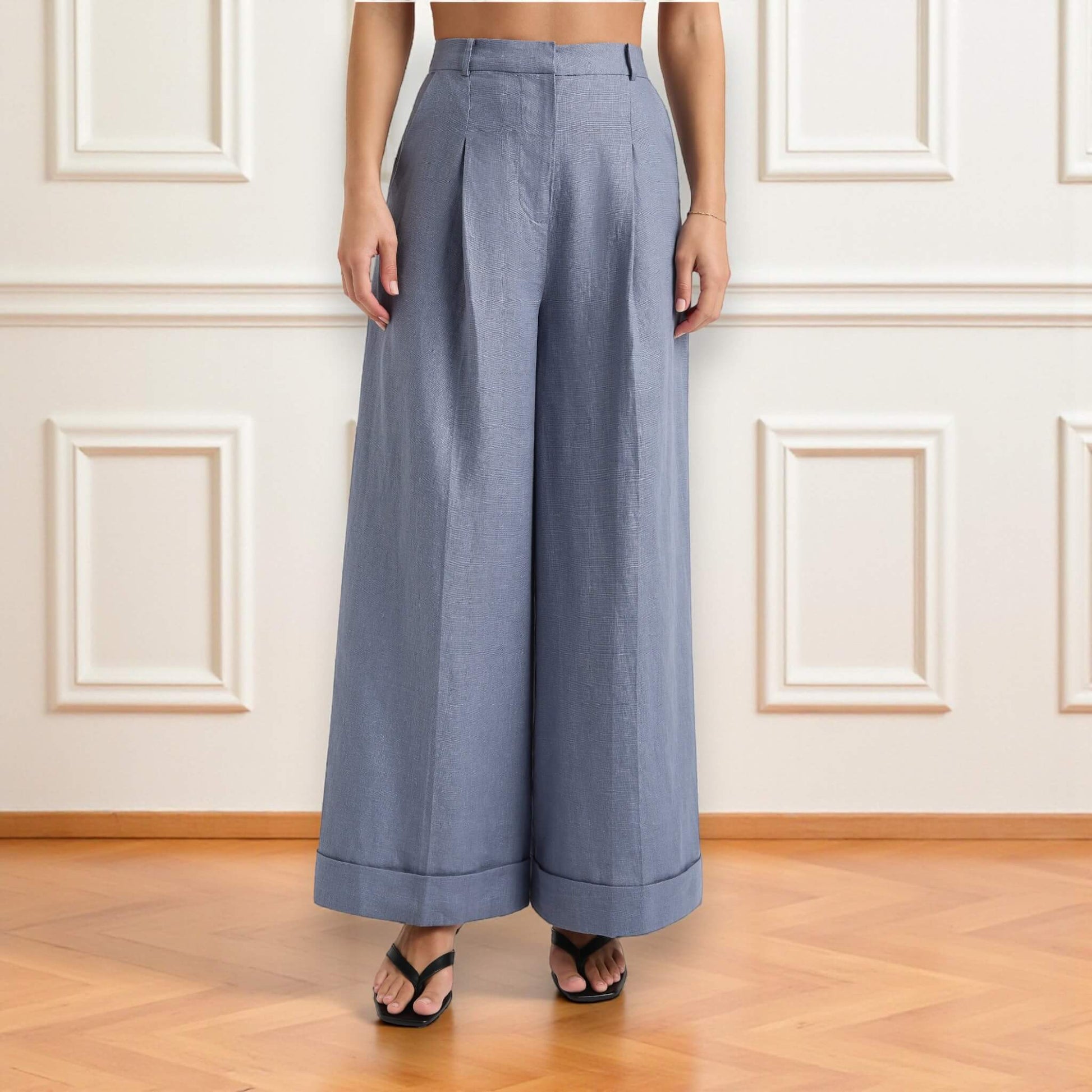 Linen Two Piece Set, Square Neck Linen Top and Wide Leg Trousers Set