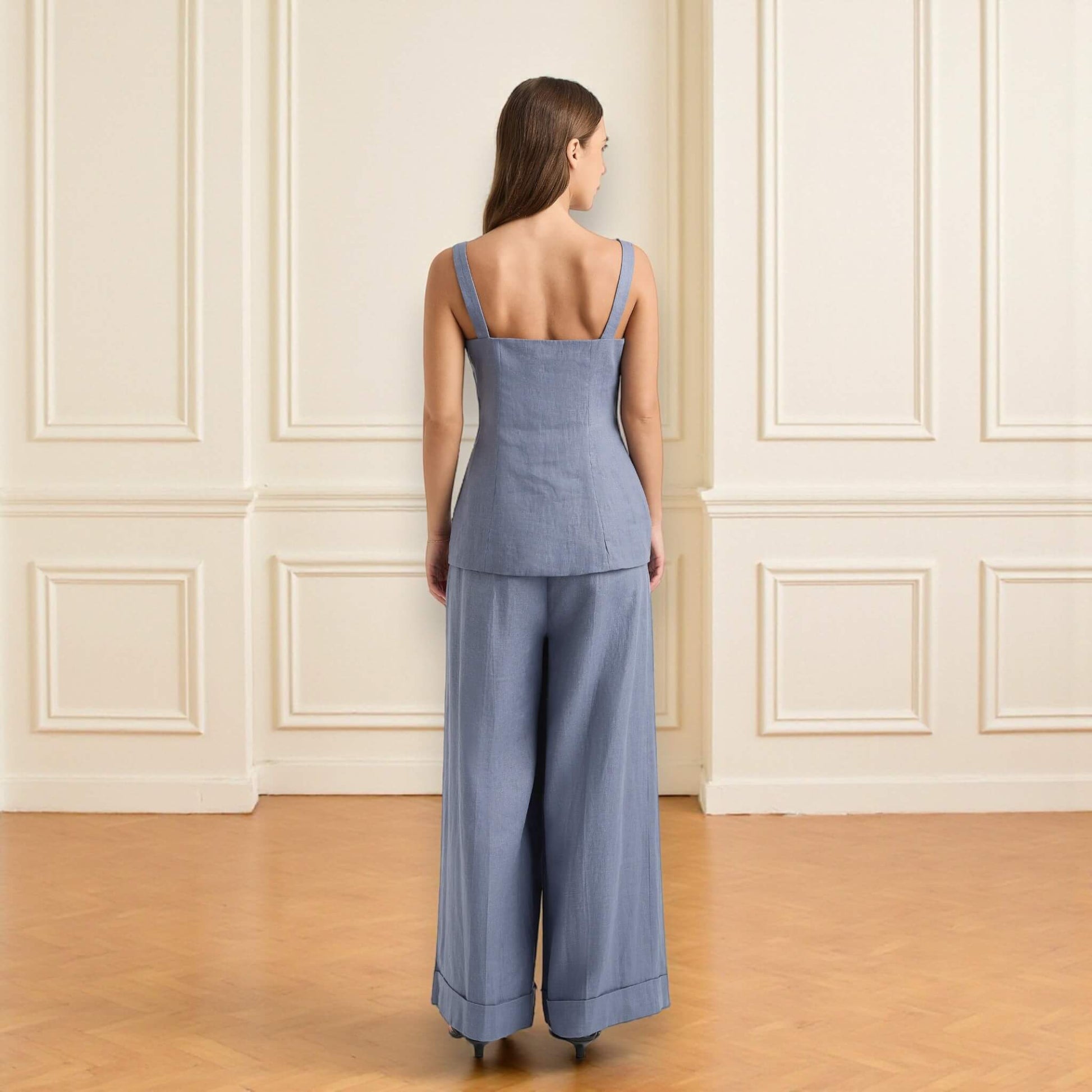Linen Two Piece Set, Square Neck Linen Top and Wide Leg Trousers Set