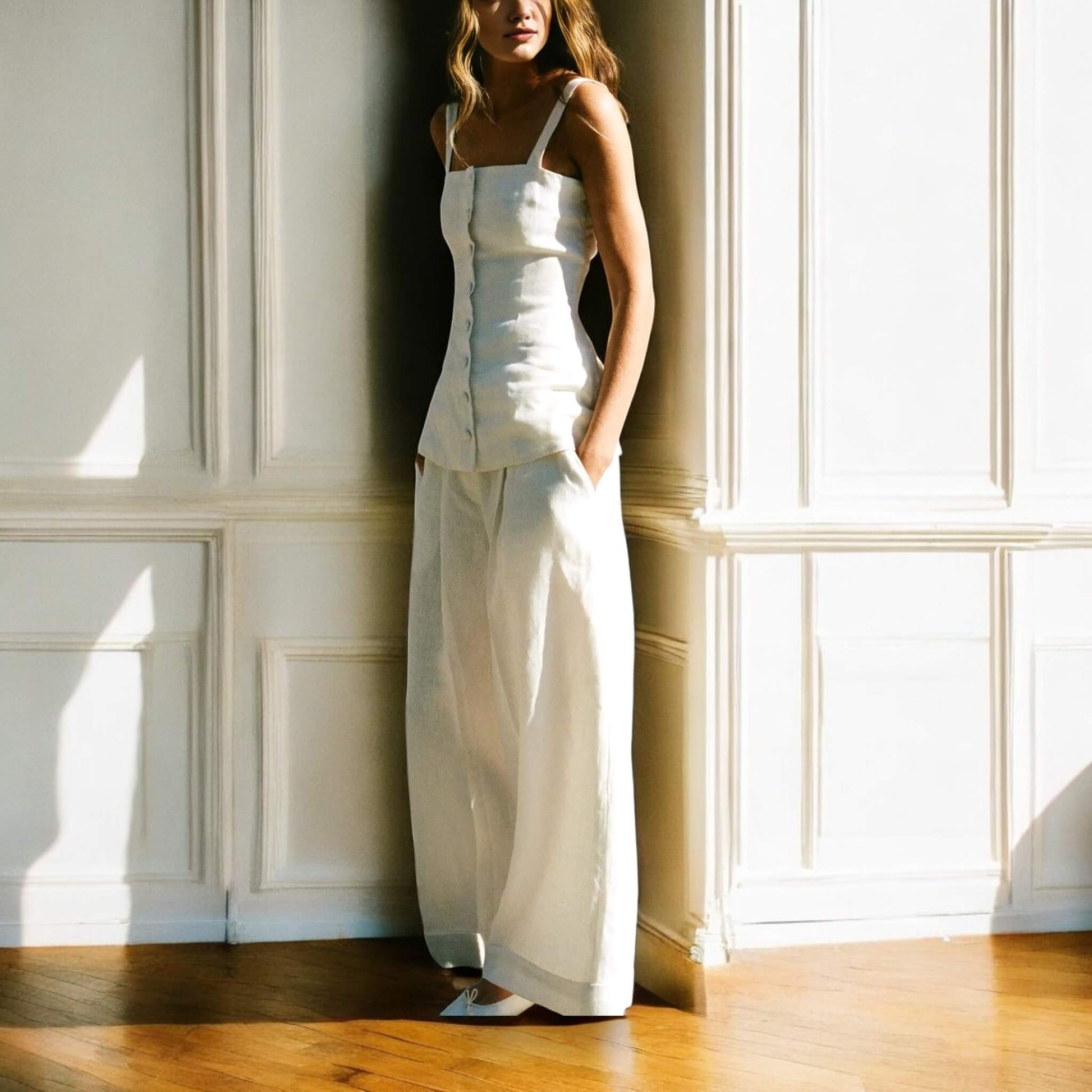 Linen Two Piece Set, Square Neck Linen Top and Wide Leg Trousers Set