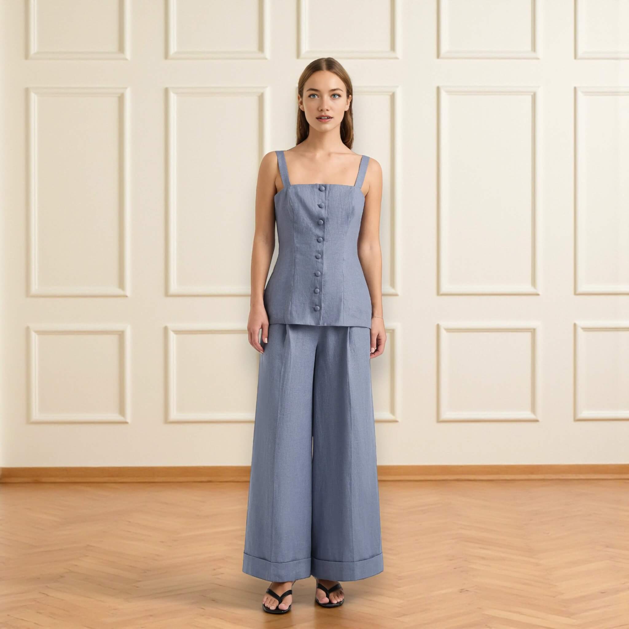 Linen Two Piece Set, Square Neck Linen Top and Wide Leg Trousers Set
