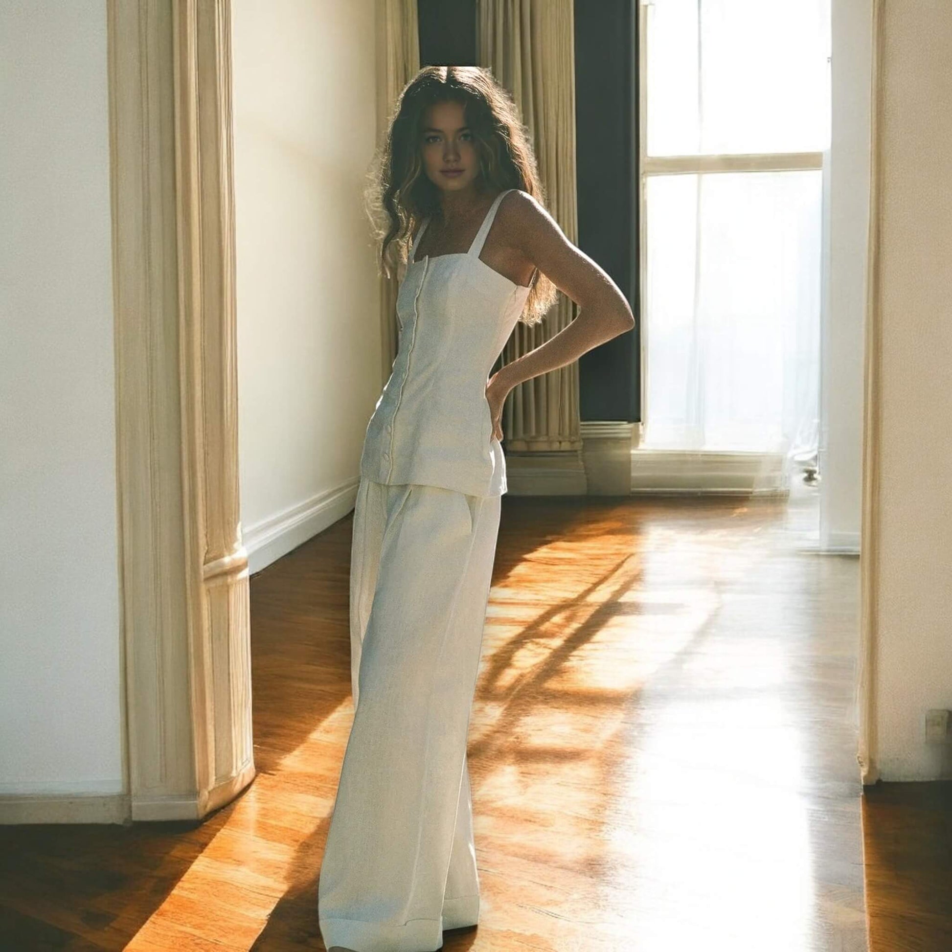 Linen Two Piece Set, Square Neck Linen Top and Wide Leg Trousers Set