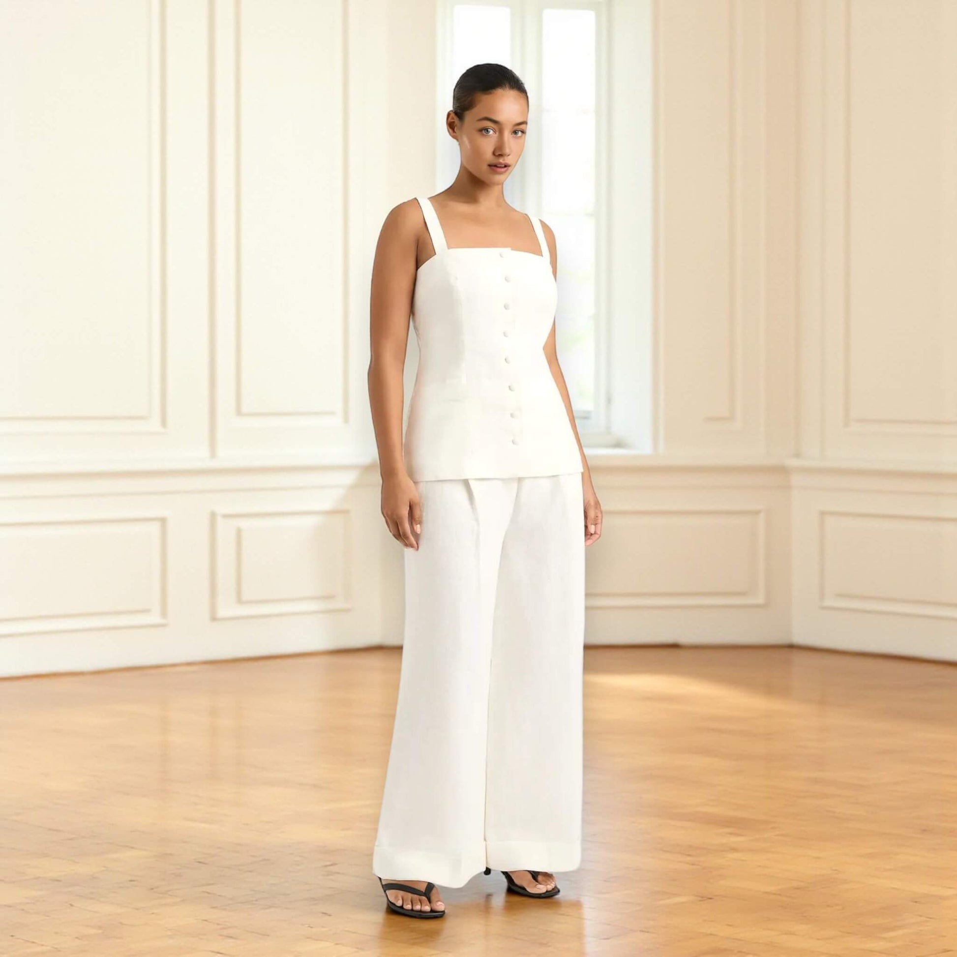 Linen Two Piece Set, Square Neck Linen Top and Wide Leg Trousers Set