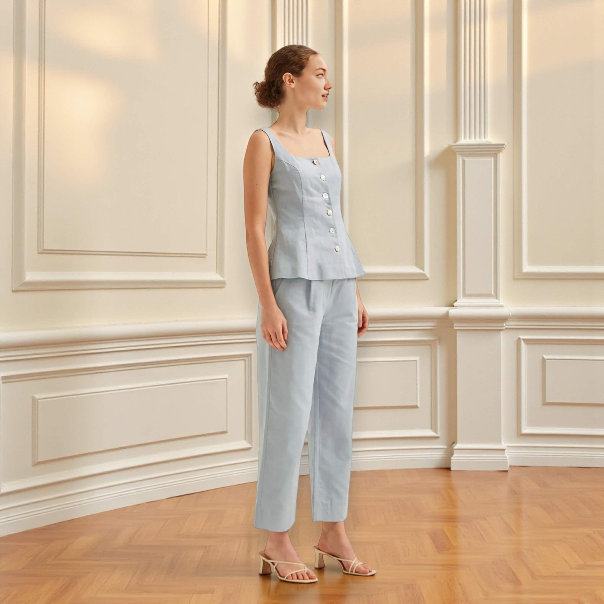 Linen Two Piece Set, Square Neck Top And Cropped Wide Leg Pants Set