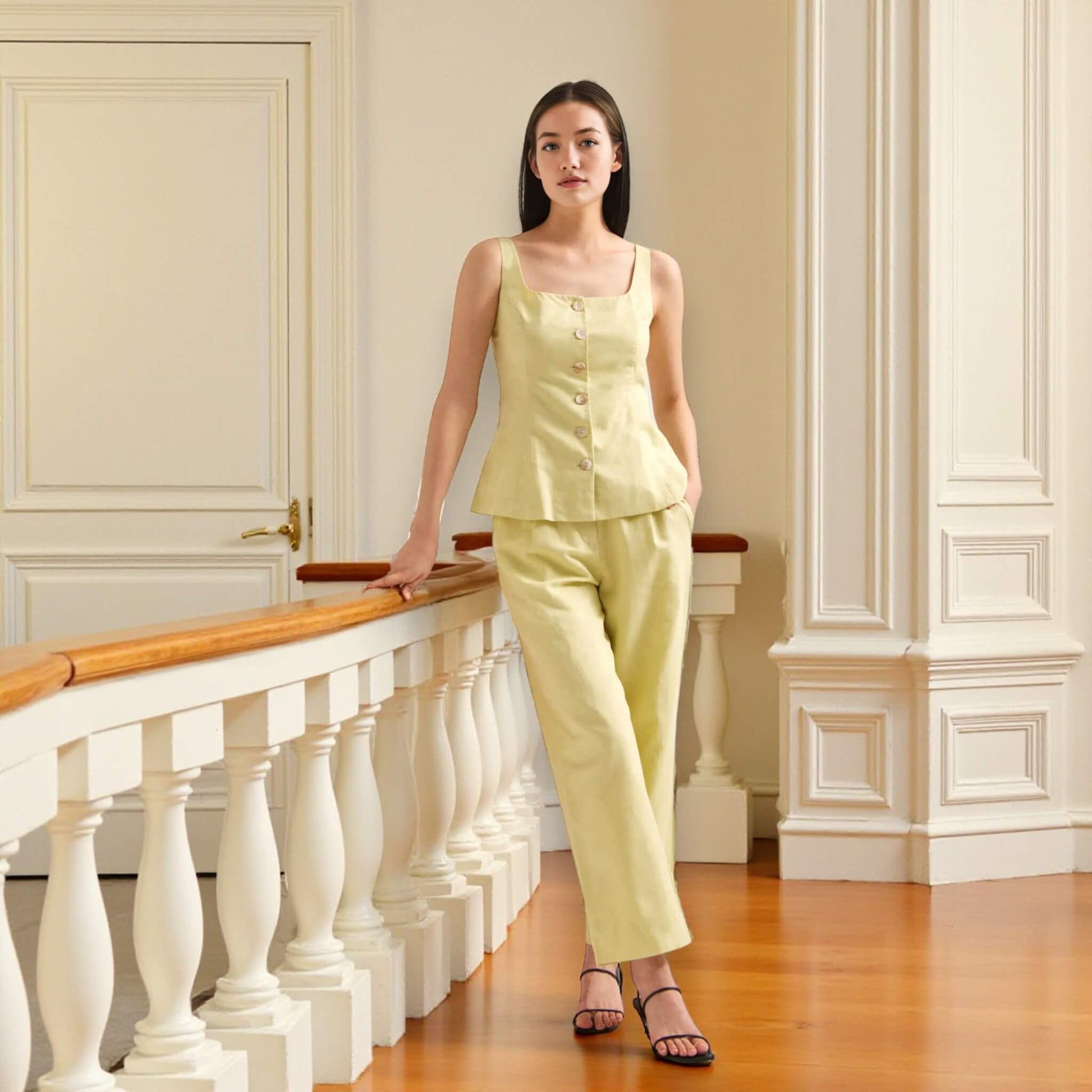 Linen Two Piece Set, Square Neck Top And Cropped Wide Leg Pants Set