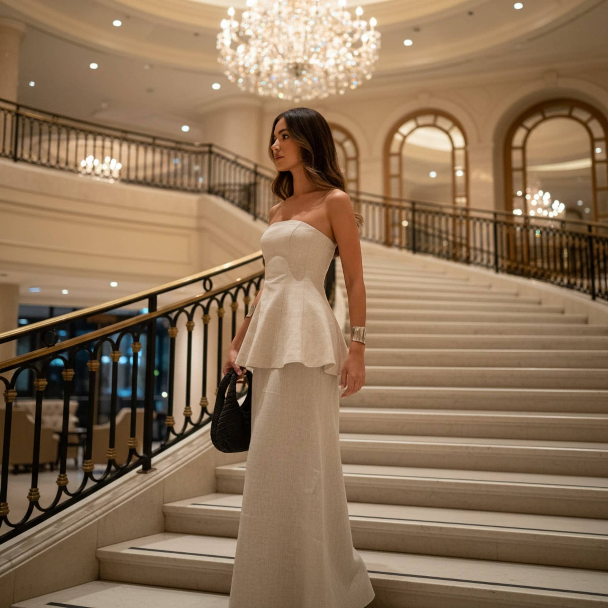 Linen Two Piece Set, Strapless Linen Peplum Top And Maxi Skirt Set