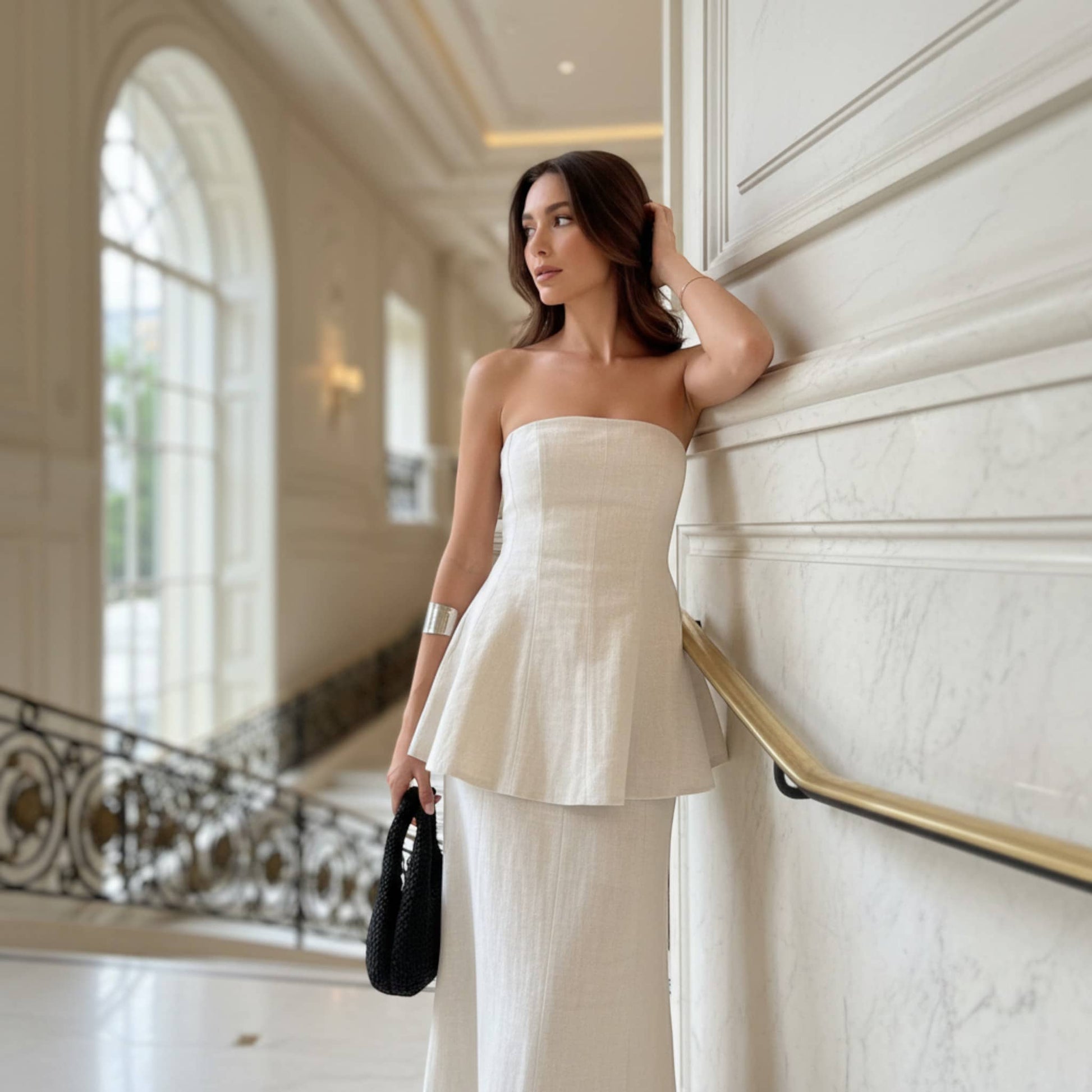 Linen Two Piece Set, Strapless Linen Peplum Top And Maxi Skirt Set