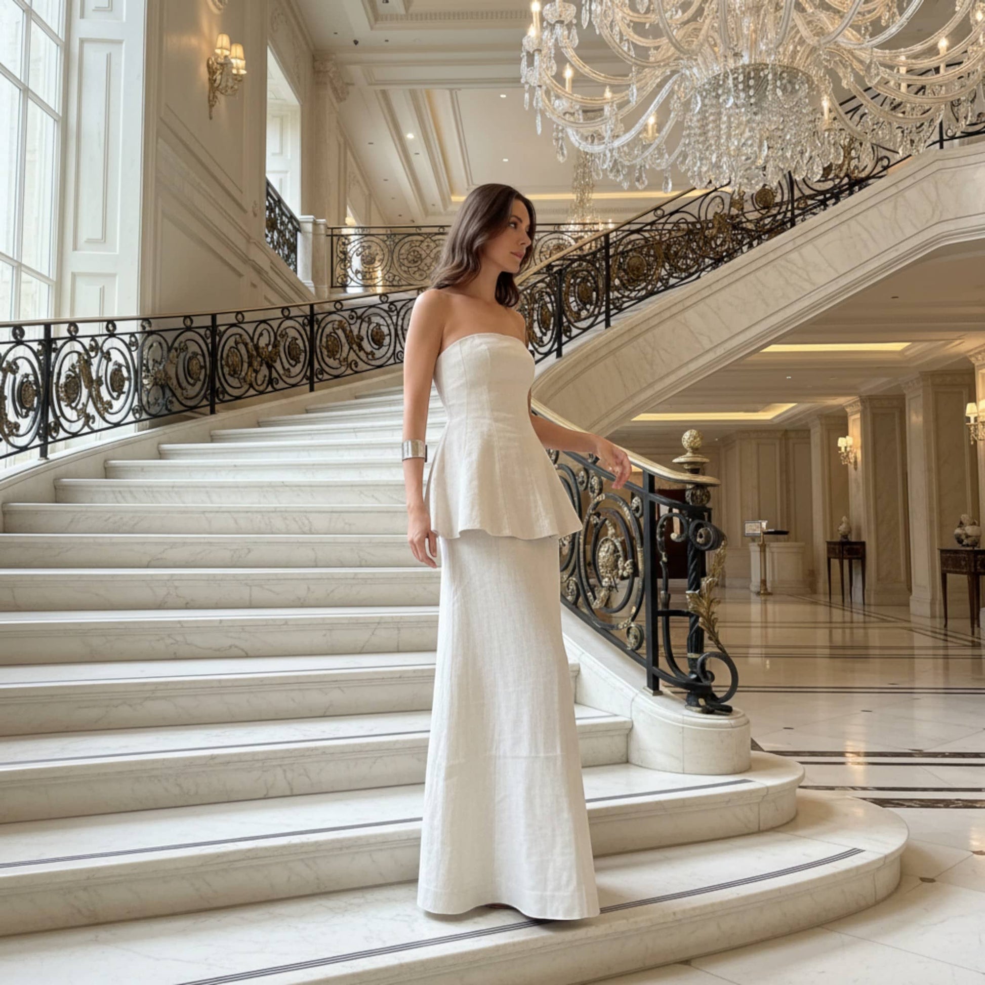 Linen Two Piece Set, Strapless Linen Peplum Top And Maxi Skirt Set