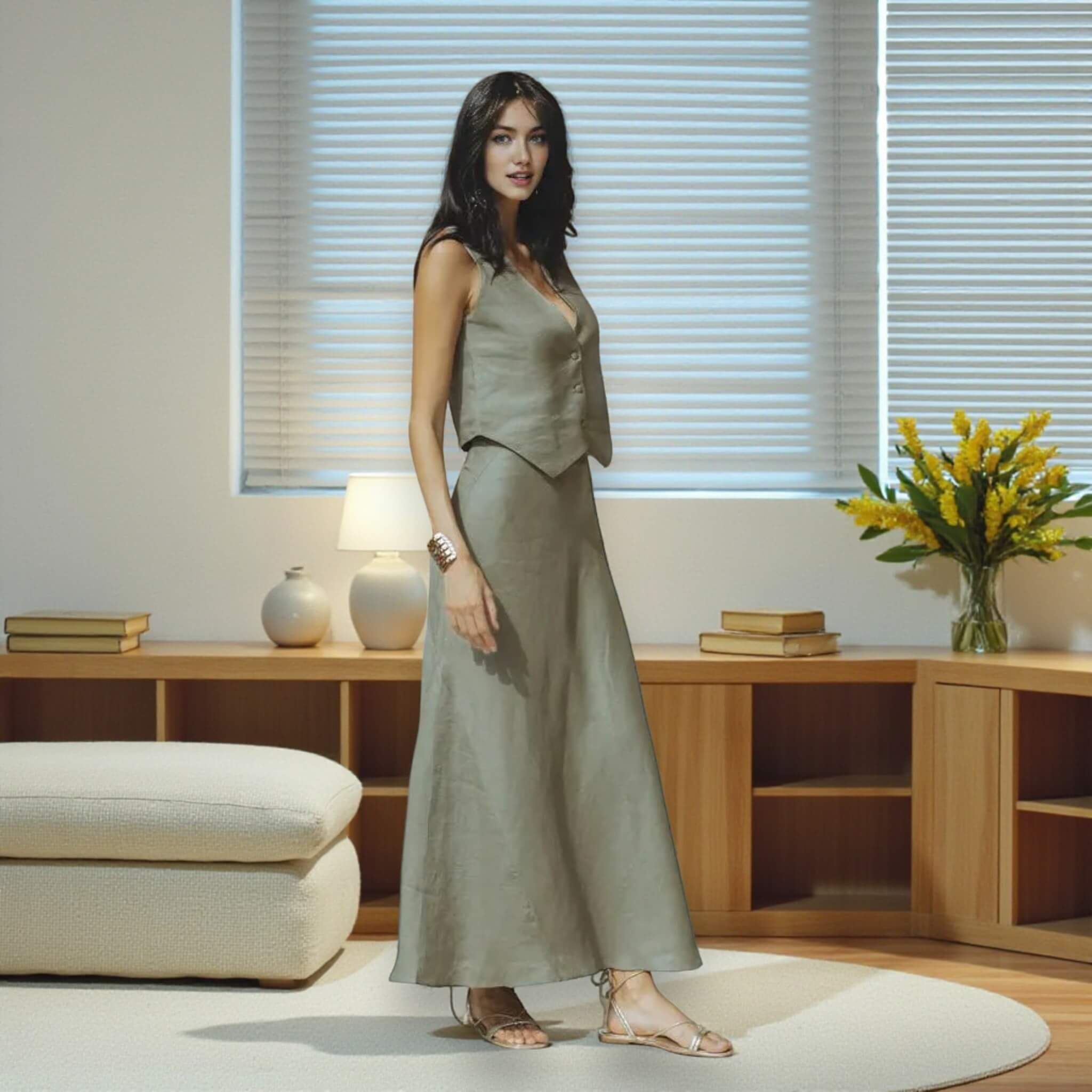 Linen Two Piece Set, Tailored Linen Waistcoat and Maxi Skirts Set