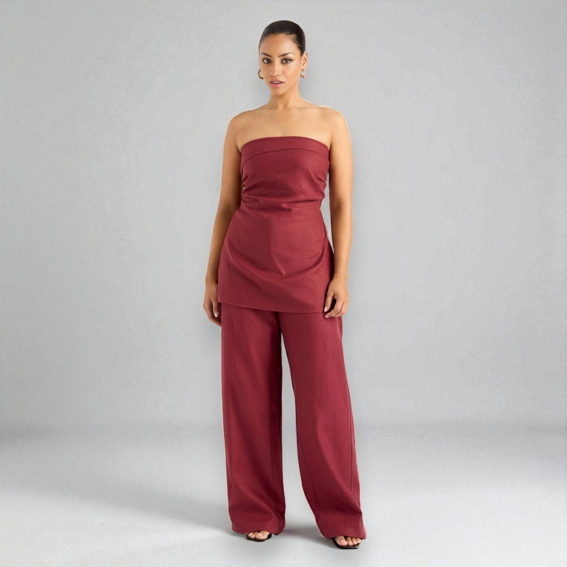 Linen Two-Piece Set, Tube Linen Top And Wide Leg Trousers Set
