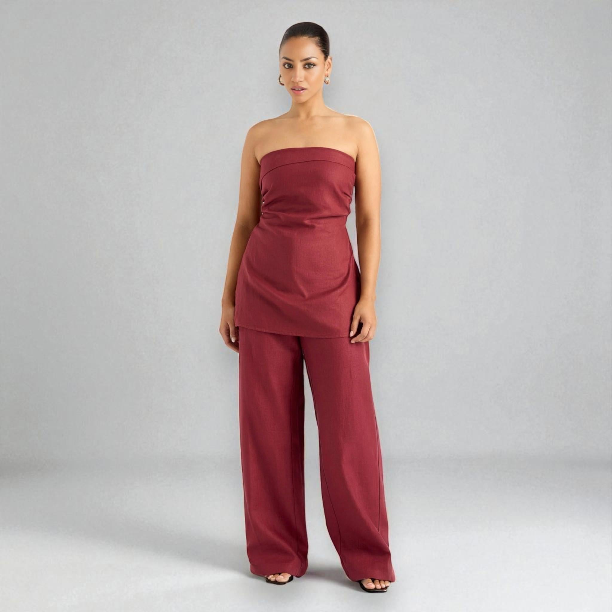 Linen Two-Piece Set, Tube Linen Top And Wide Leg Trousers Set