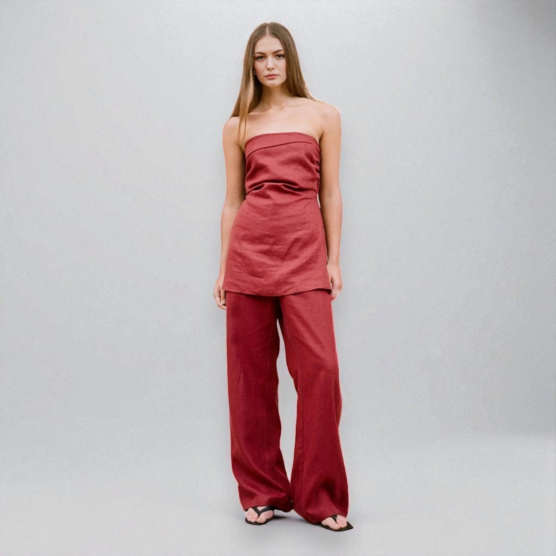 Linen Two-Piece Set, Tube Linen Top And Wide Leg Trousers Set