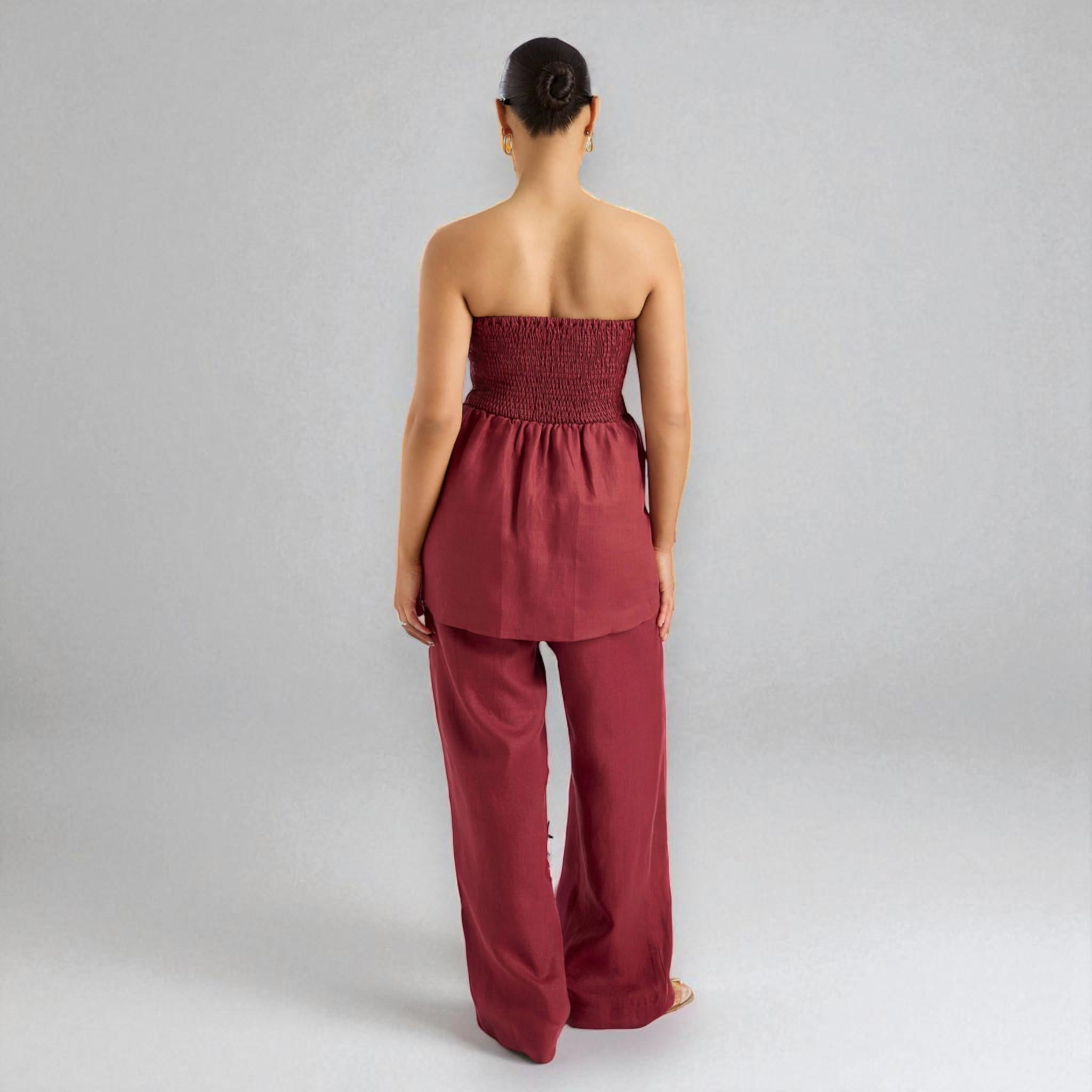 Linen Two-Piece Set, Tube Linen Top And Wide Leg Trousers Set